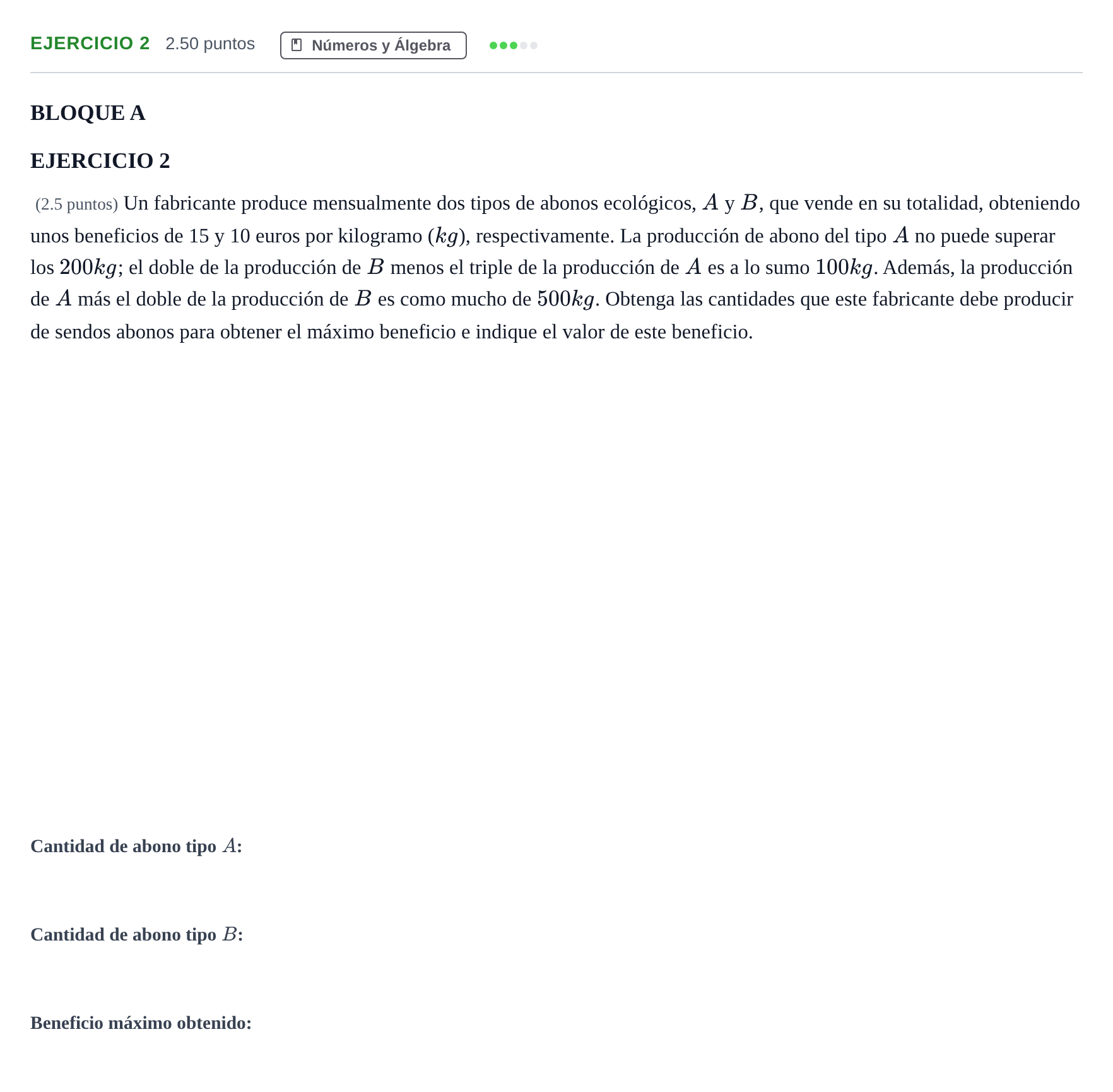Enunciado: Ejercicio 2 · Matemáticas aplicadas a las Ciencias Sociales II PAU Andalucía Extraordinaria Suplente 2 2025