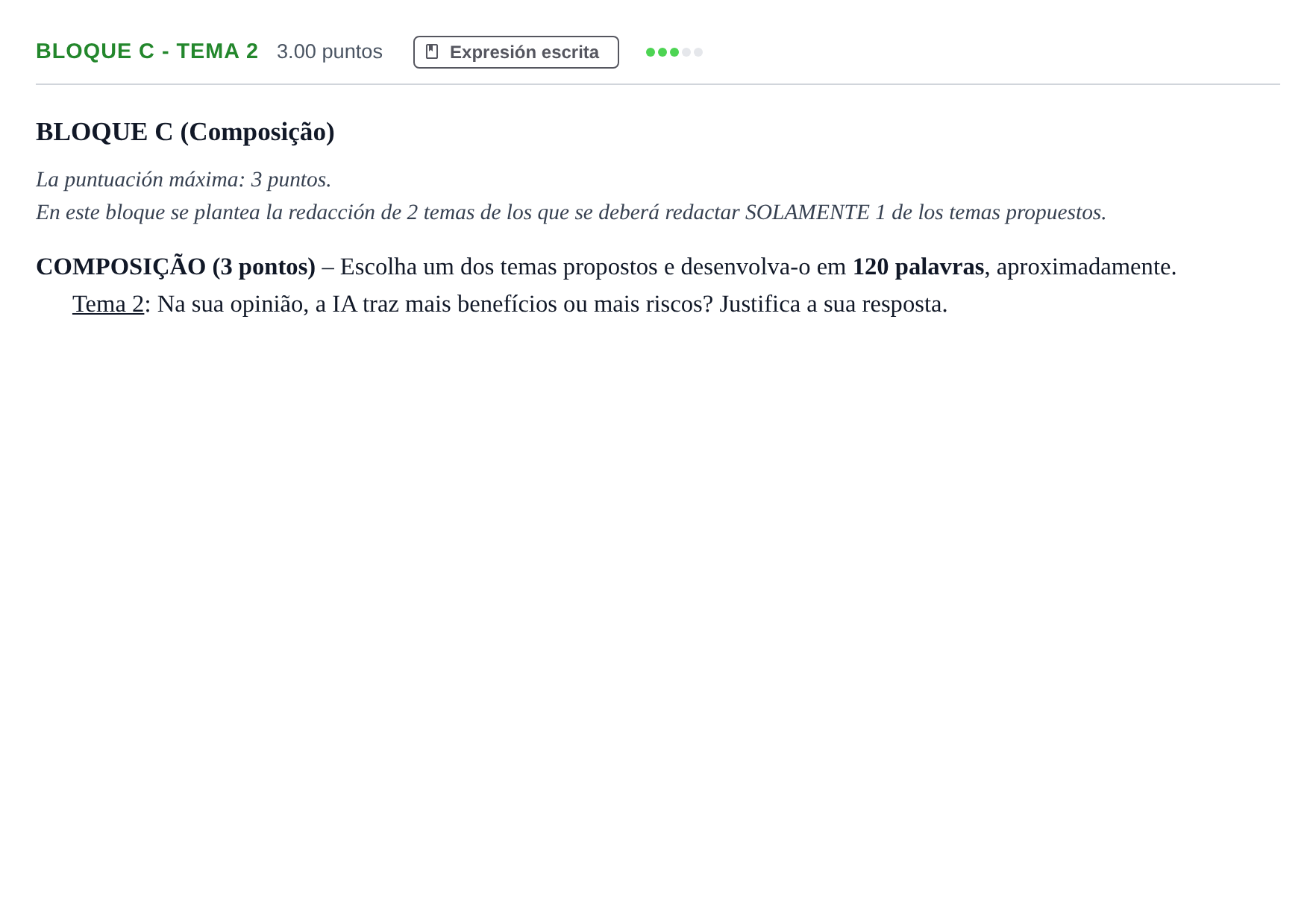 Enunciado: Bloque C - Tema 2 · Portugués PAU Andalucía Extraordinaria Suplente 2 2025