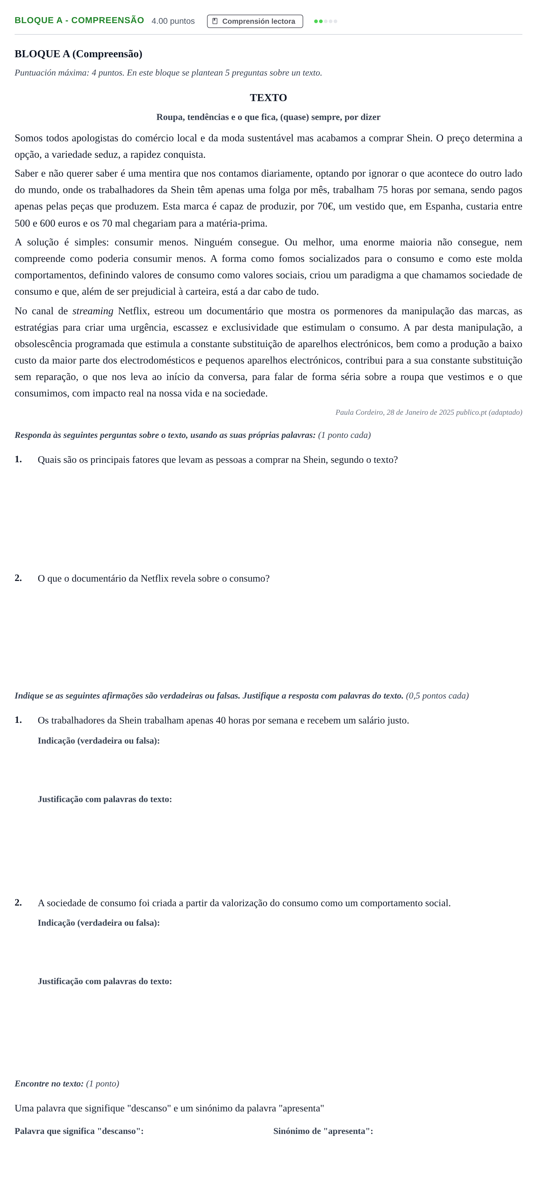 Enunciado: Bloque A - Compreensão · Portugués PAU Andalucía Extraordinaria Titular (Acceso) 2025