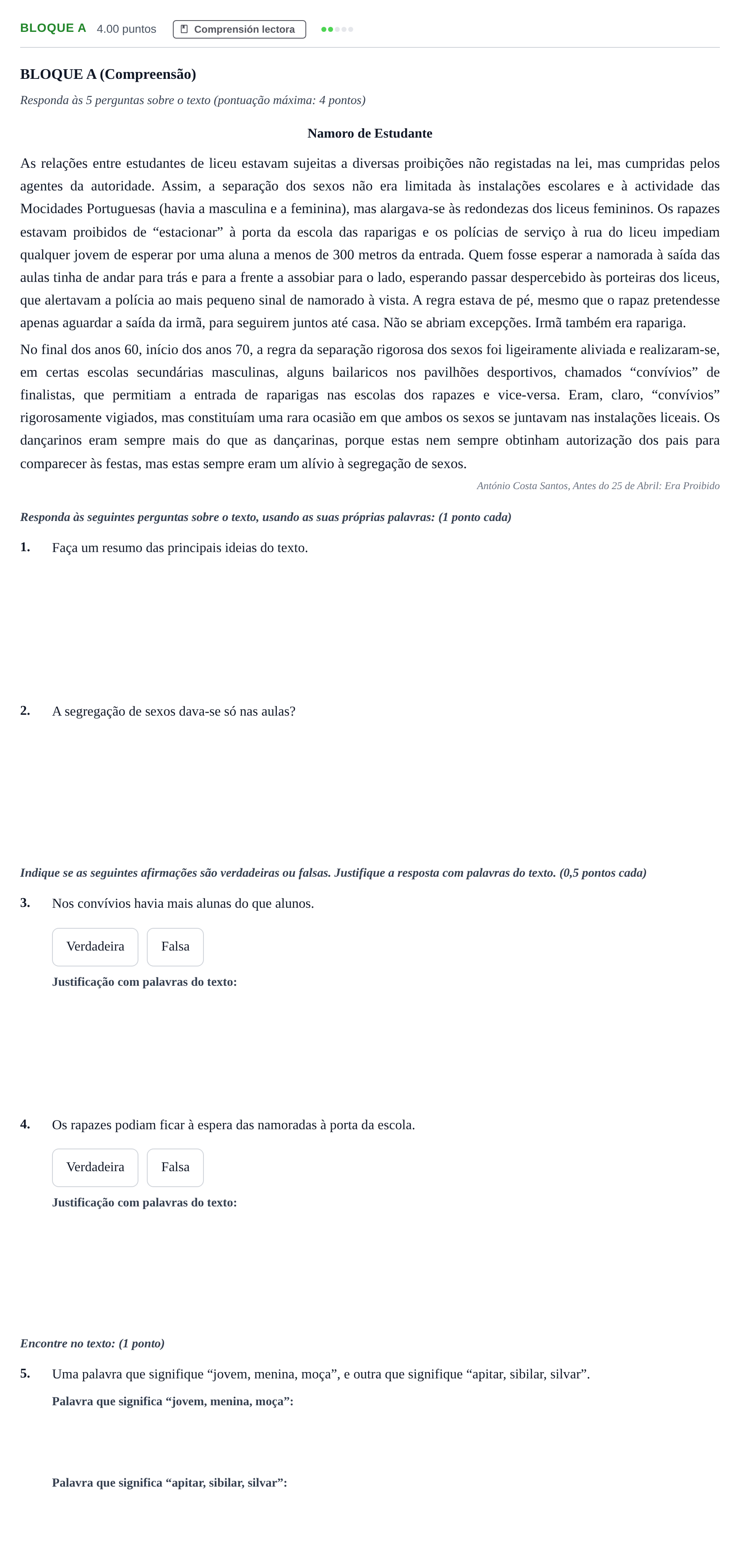 Enunciado: Bloque A · Portugués PAU Andalucía Ordinaria Titular (Acceso) 2025
