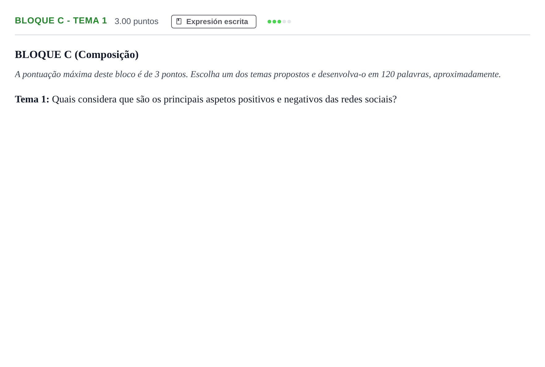 Enunciado: Bloque C - Tema 1 · Portugués PAU Andalucía Ordinaria Titular (Admisión) 2025