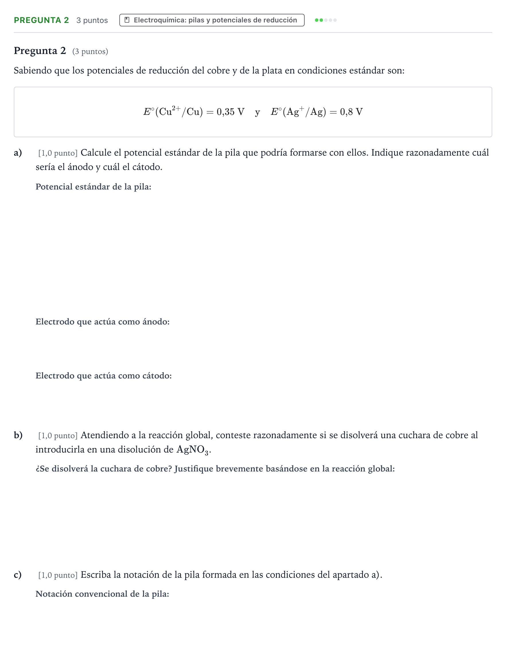 Enunciado: Pregunta 2 · Química PAU Castilla-La Mancha Extraordinaria 2023