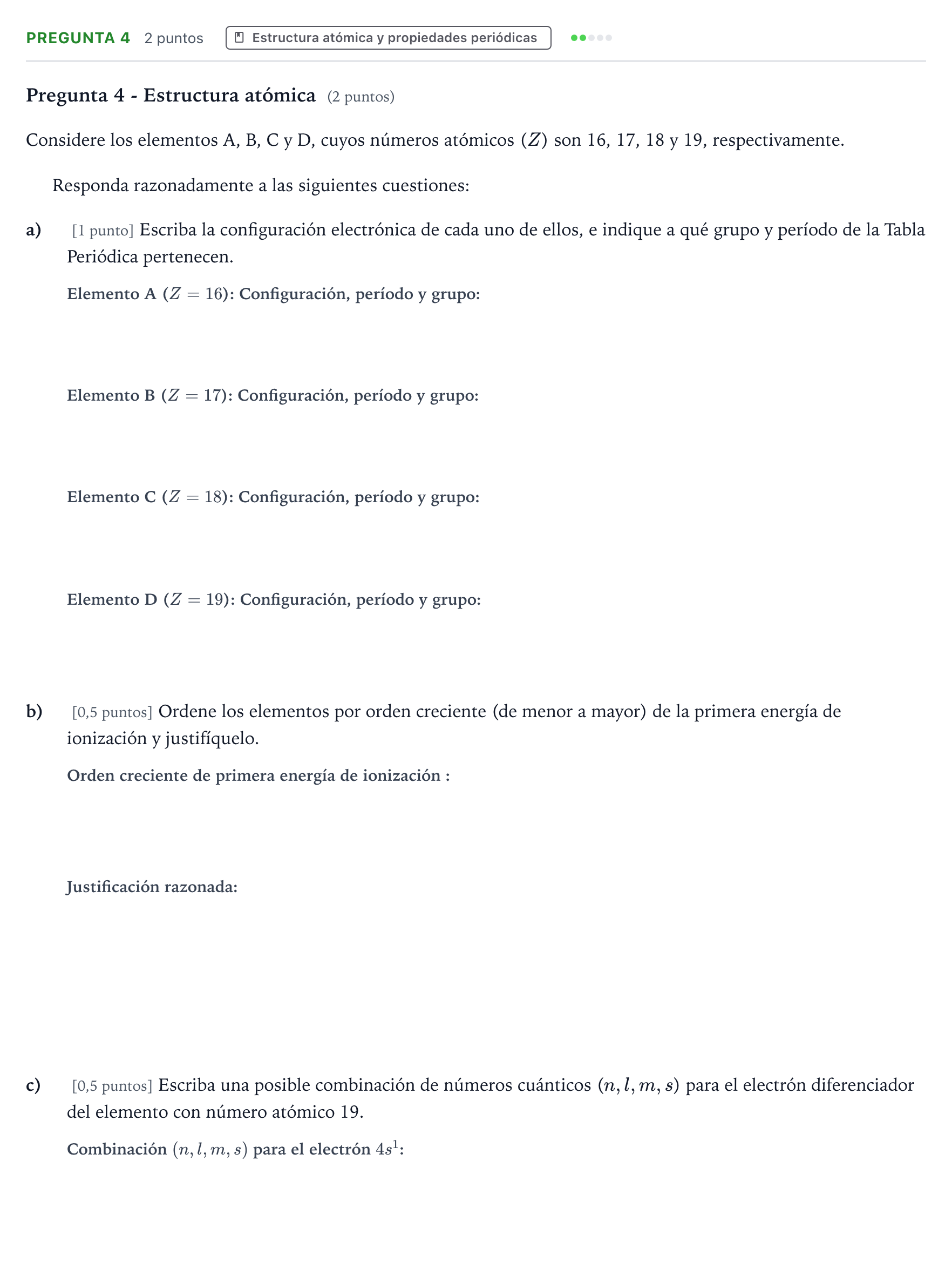 Enunciado: Pregunta 4 - Estructura atómica · Química PAU Castilla-La Mancha Extraordinaria 2023