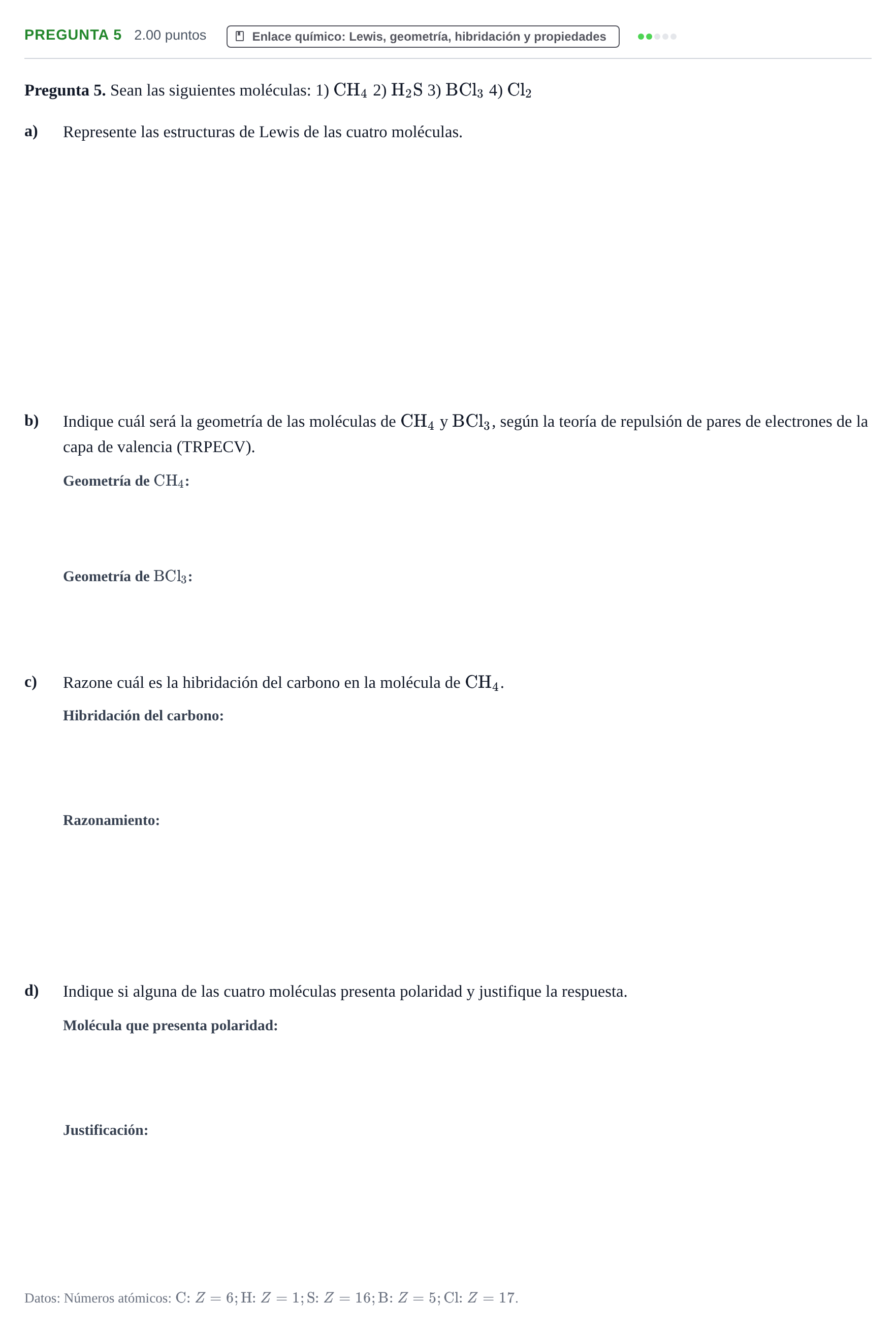 Enunciado: Pregunta 5 · Química PAU Castilla-La Mancha Extraordinaria 2023