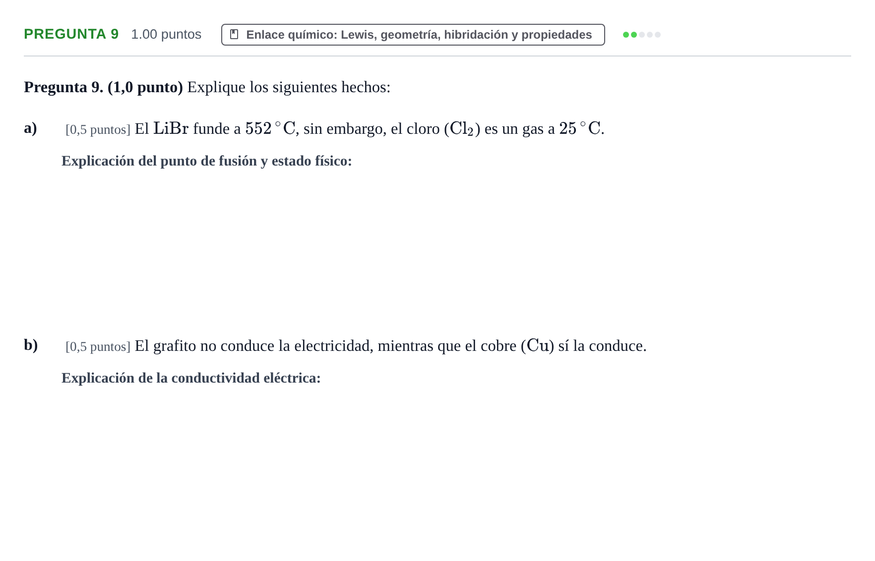 Enunciado: Pregunta 9 · Química PAU Castilla-La Mancha Extraordinaria 2023