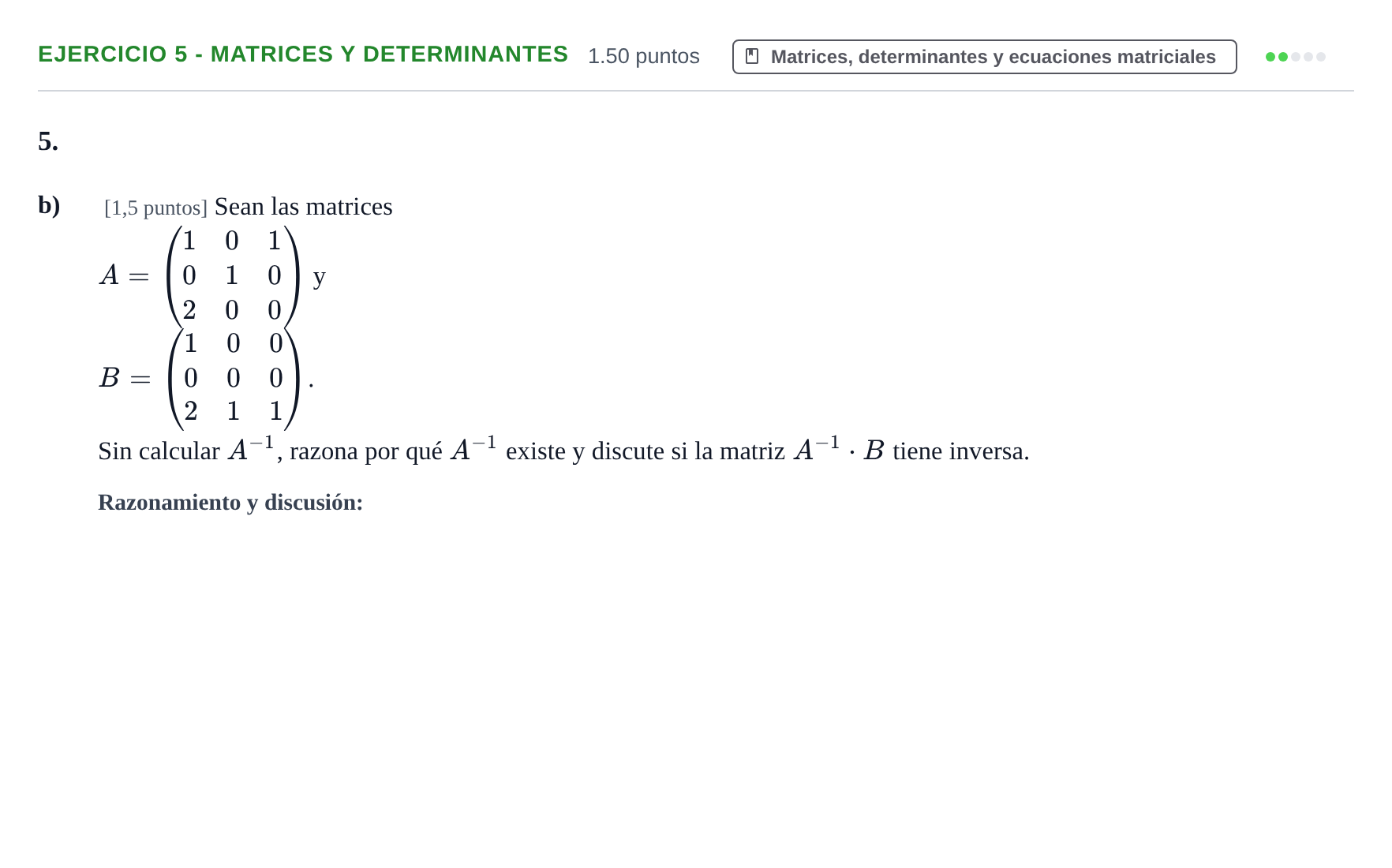Enunciado: Ejercicio 5 - Matrices y determinantes · Matemáticas II PAU Castilla-La Mancha Ordinaria 2023
