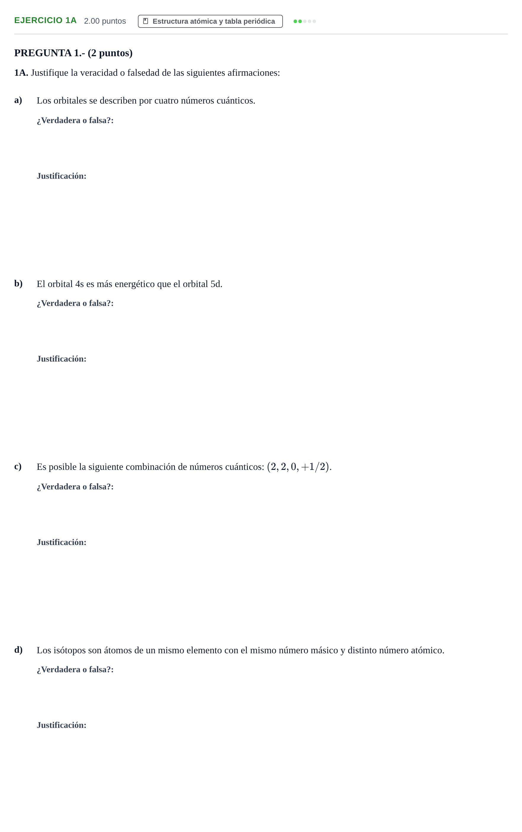 Enunciado: Ejercicio 1A · Química PAU Andalucía Extraordinaria Suplente 2 2025