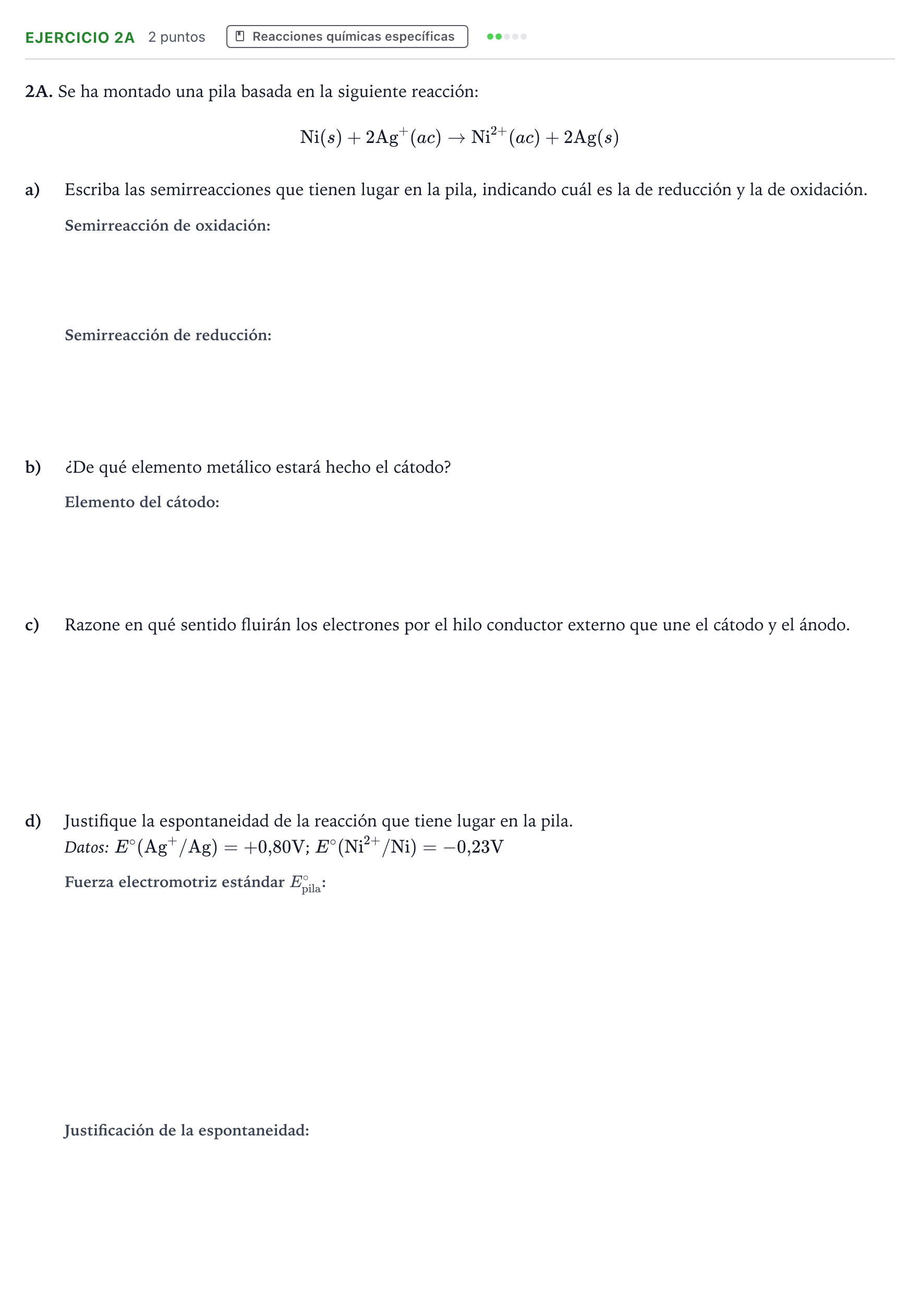 Enunciado: Ejercicio 2A · Química PAU Andalucía Extraordinaria Suplente 2 2025