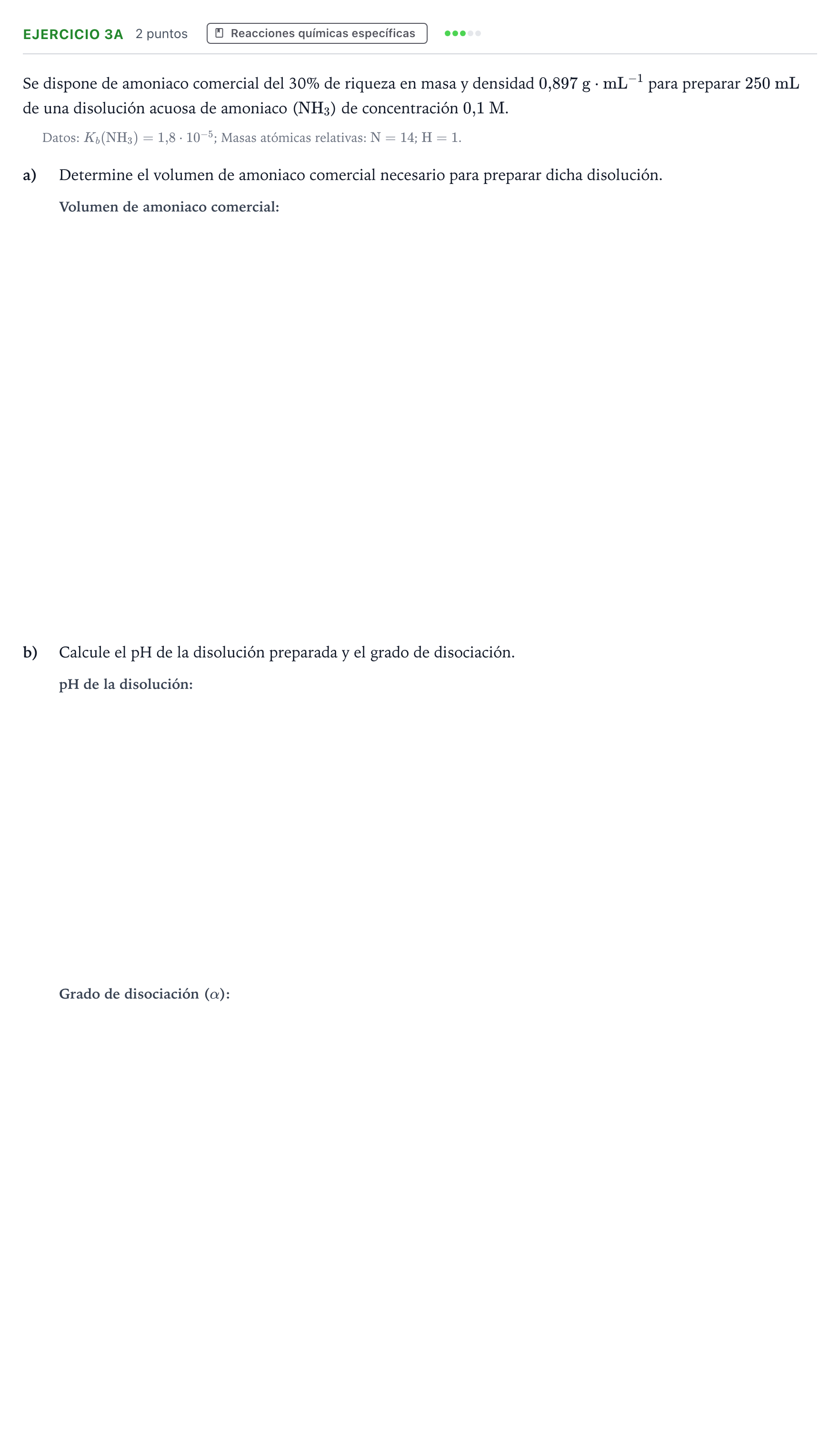 Enunciado: Ejercicio 3A · Química PAU Andalucía Extraordinaria Suplente 2 2025