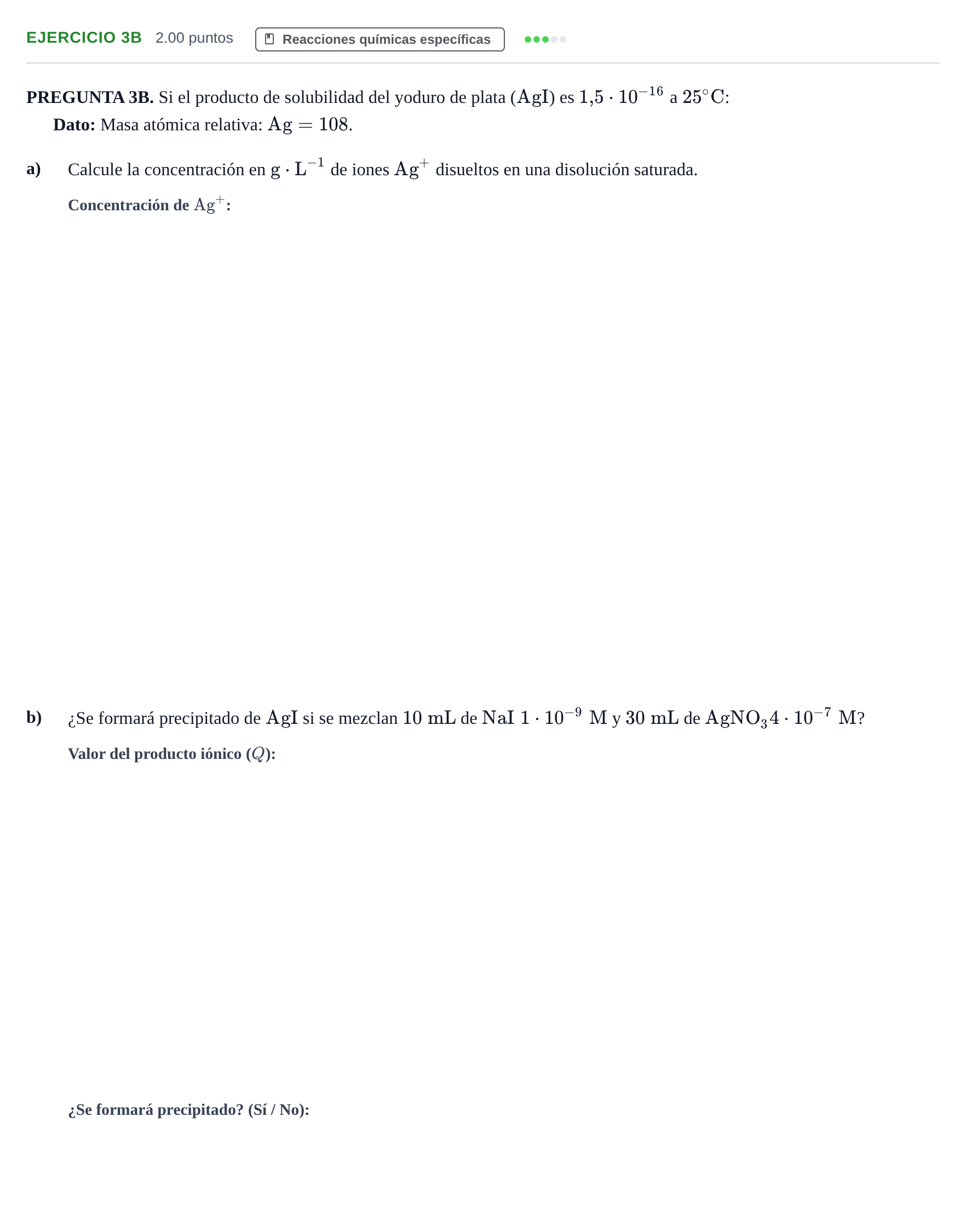 Enunciado: Ejercicio 3B · Química PAU Andalucía Extraordinaria Suplente 2 2025