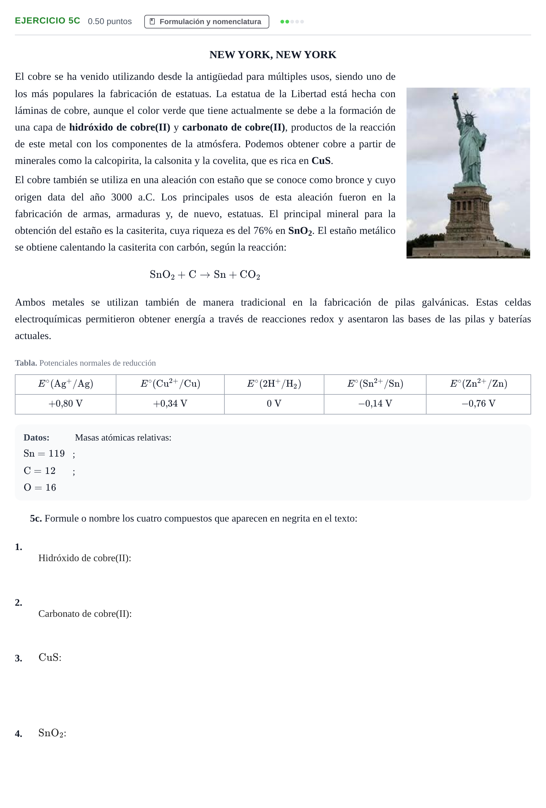 Enunciado: Ejercicio 5c - Formulación y nomenclatura · Química PAU Andalucía Extraordinaria Suplente 2 2025