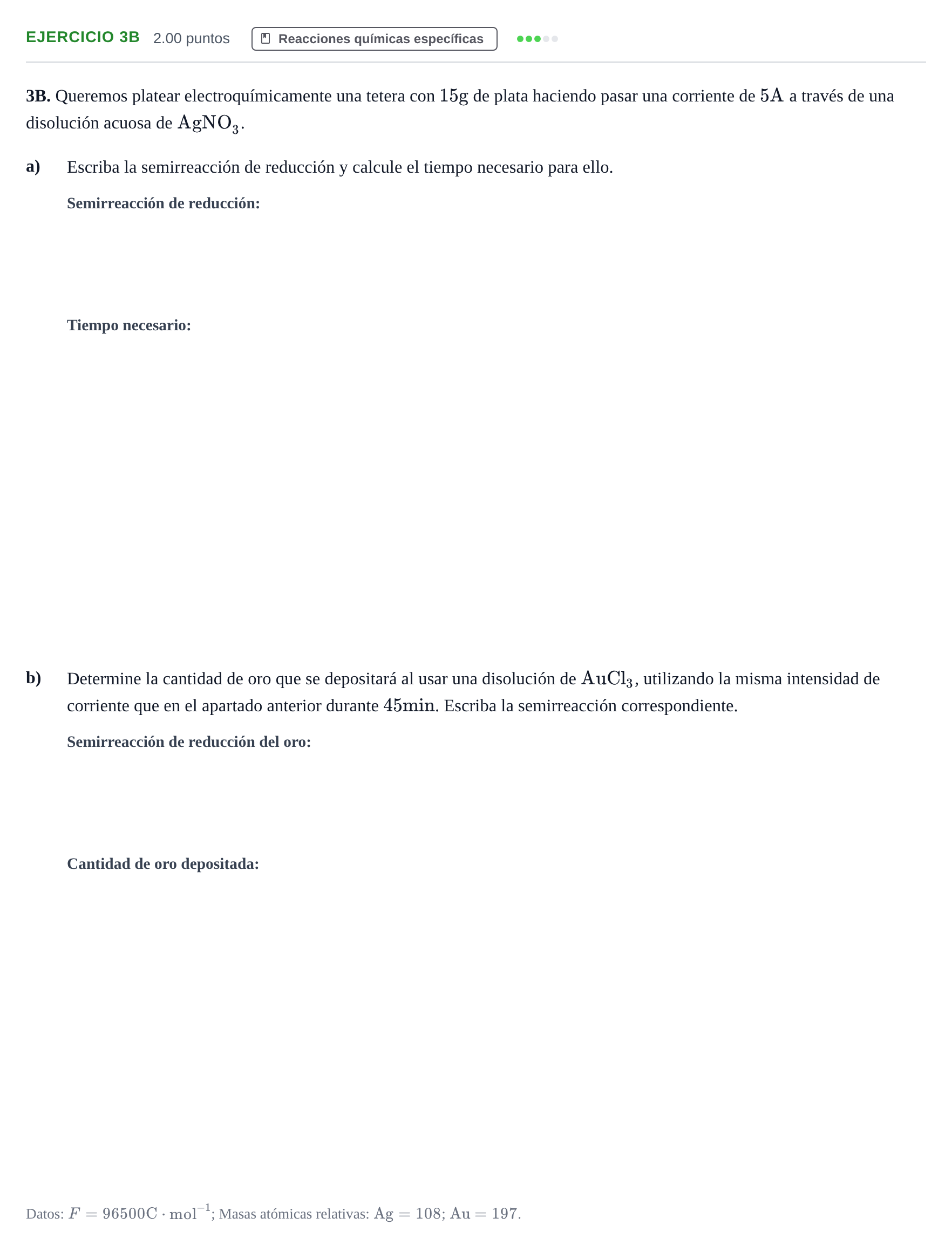 Enunciado: Ejercicio 3B · Química PAU Andalucía Extraordinaria Suplente 1 2025