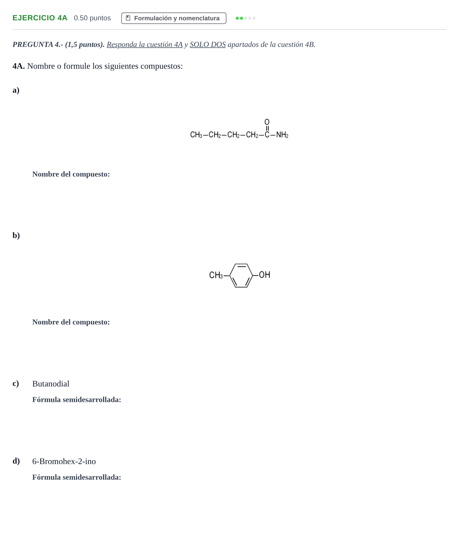 Enunciado: Ejercicio 4A · Química PAU Andalucía Extraordinaria Suplente 1 2025