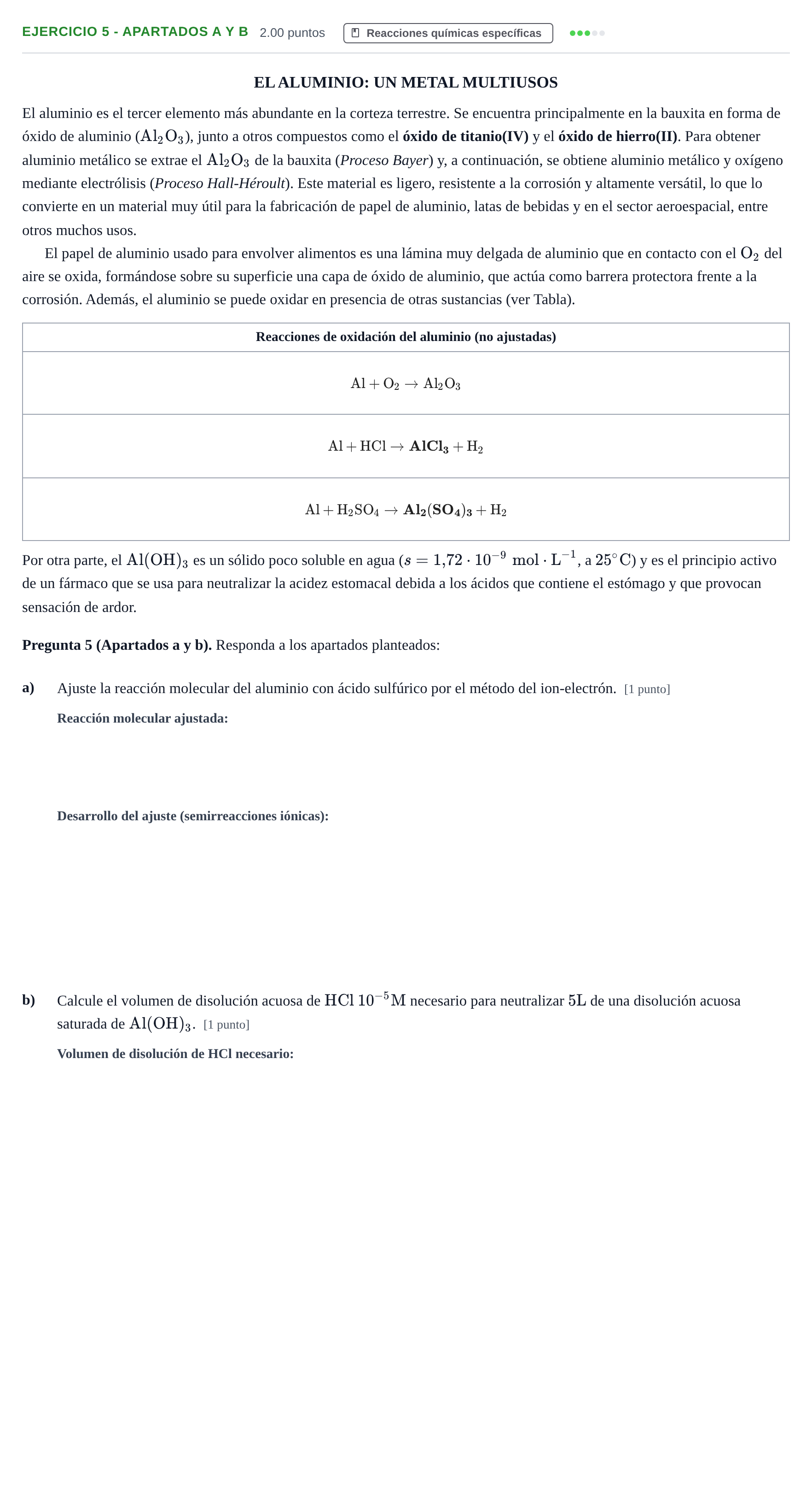 Enunciado: Ejercicio 5 - Apartados a y b · Química PAU Andalucía Extraordinaria Suplente 1 2025