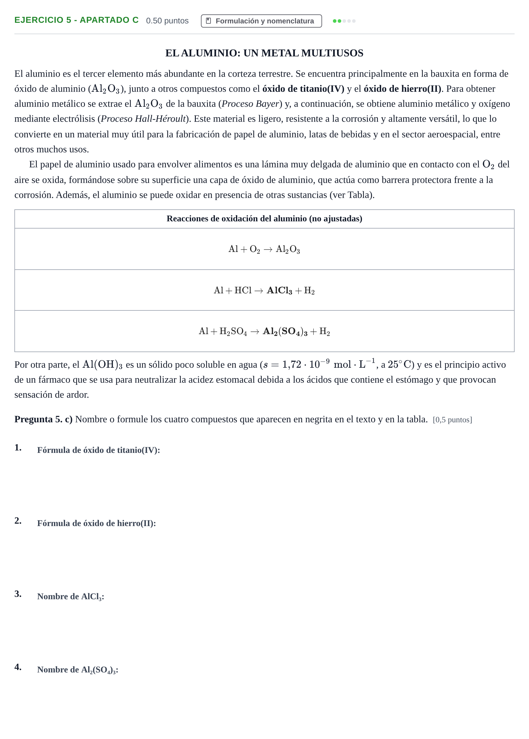 Enunciado: Ejercicio 5 - Apartado c · Química PAU Andalucía Extraordinaria Suplente 1 2025