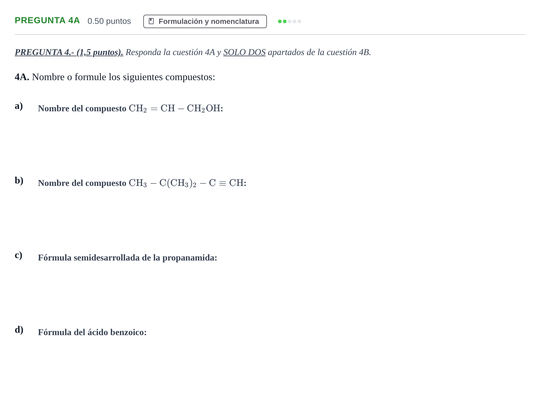 Enunciado: Pregunta 4A · Química PAU Andalucía Ordinaria Suplente 1 2025