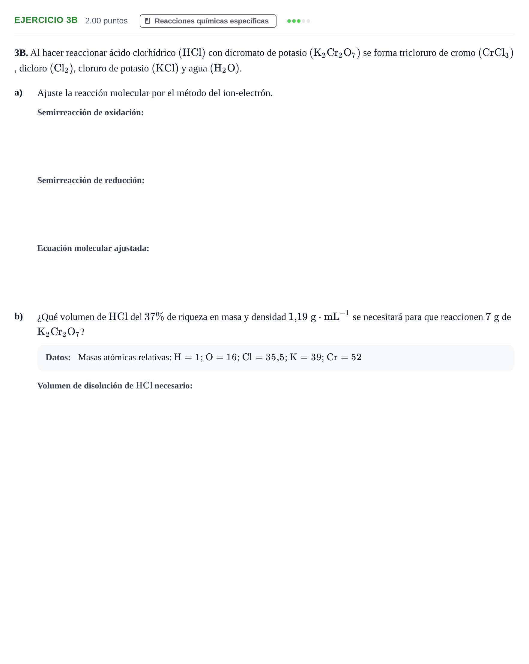 Enunciado: Ejercicio 3B · Química PAU Andalucía Extraordinaria Titular 2025