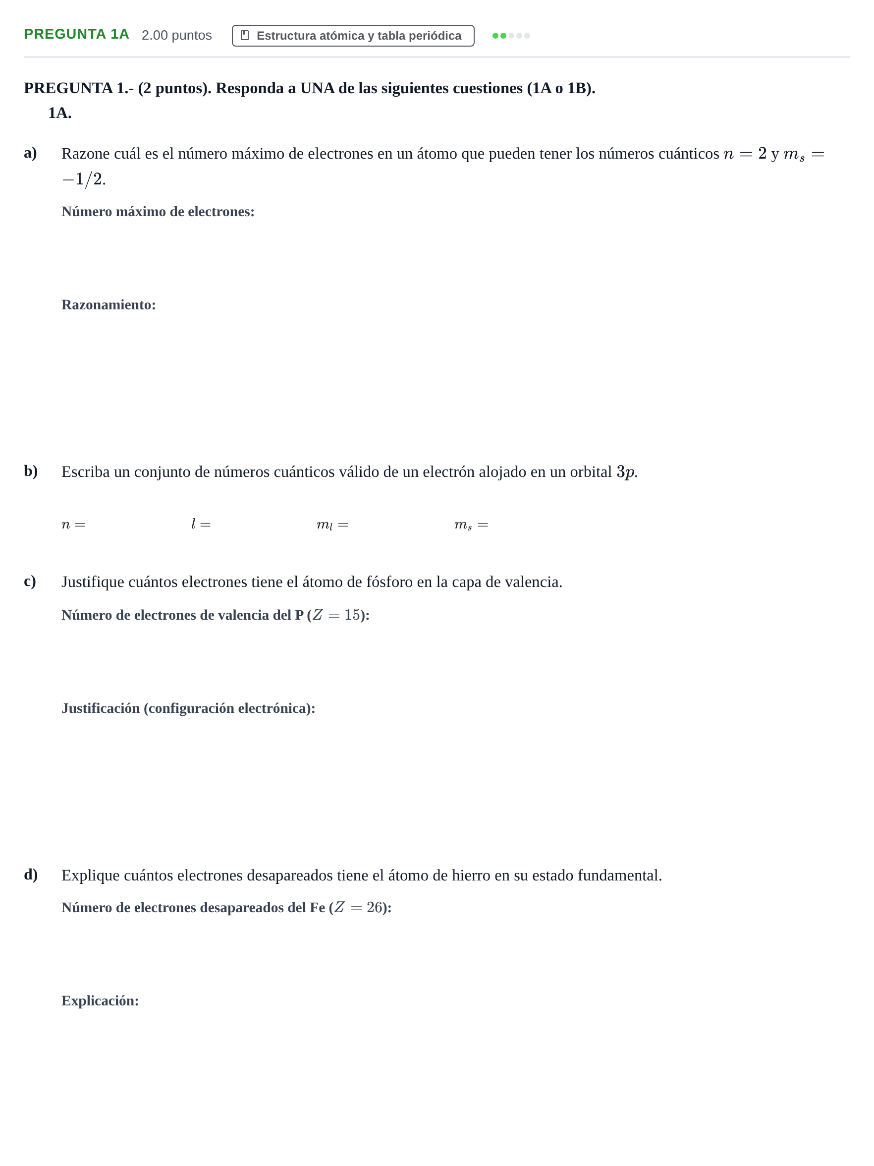 Enunciado: Pregunta 1A · Química PAU Andalucía Ordinaria Suplente 2 2025