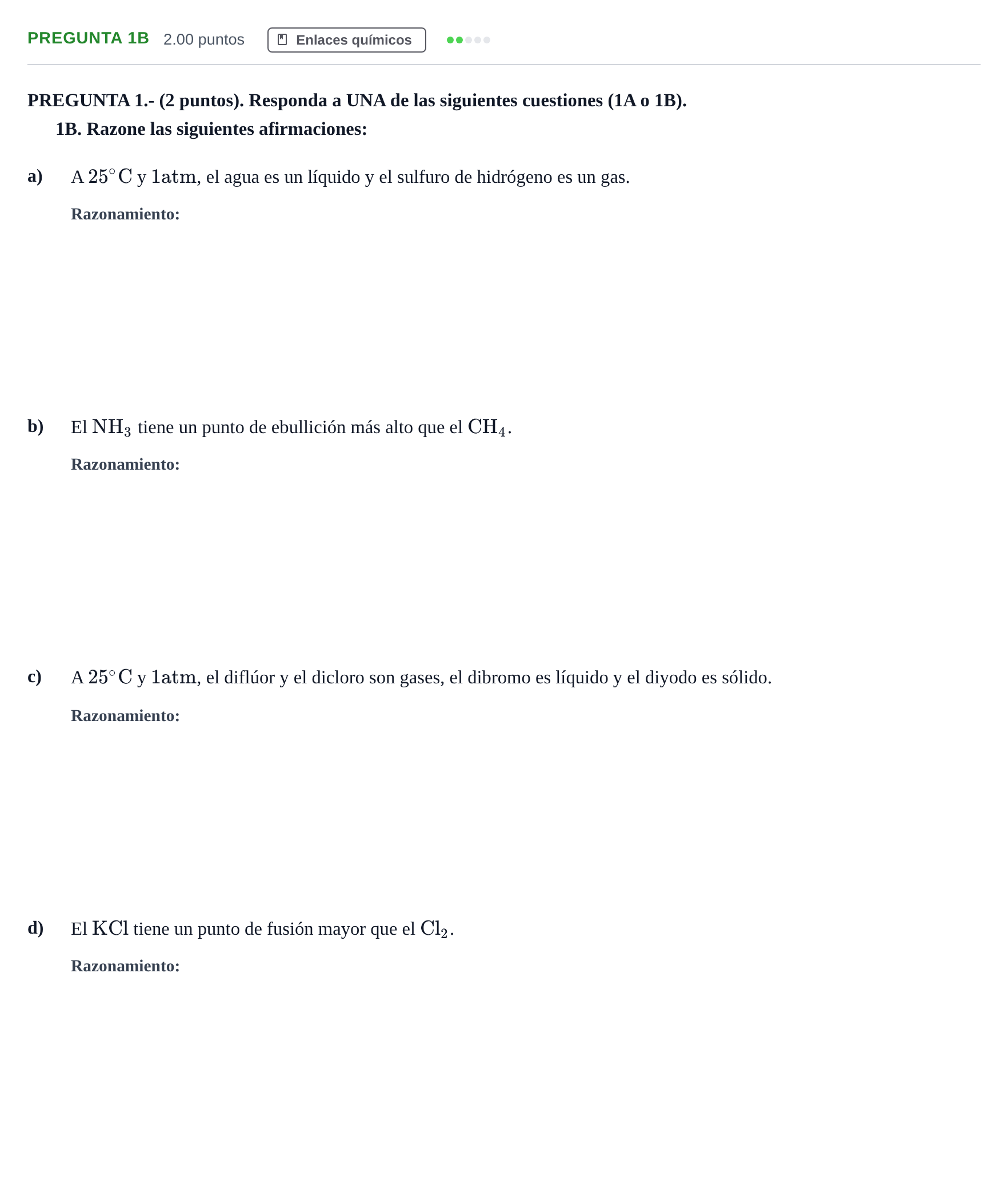 Enunciado: Pregunta 1B · Química PAU Andalucía Ordinaria Suplente 2 2025