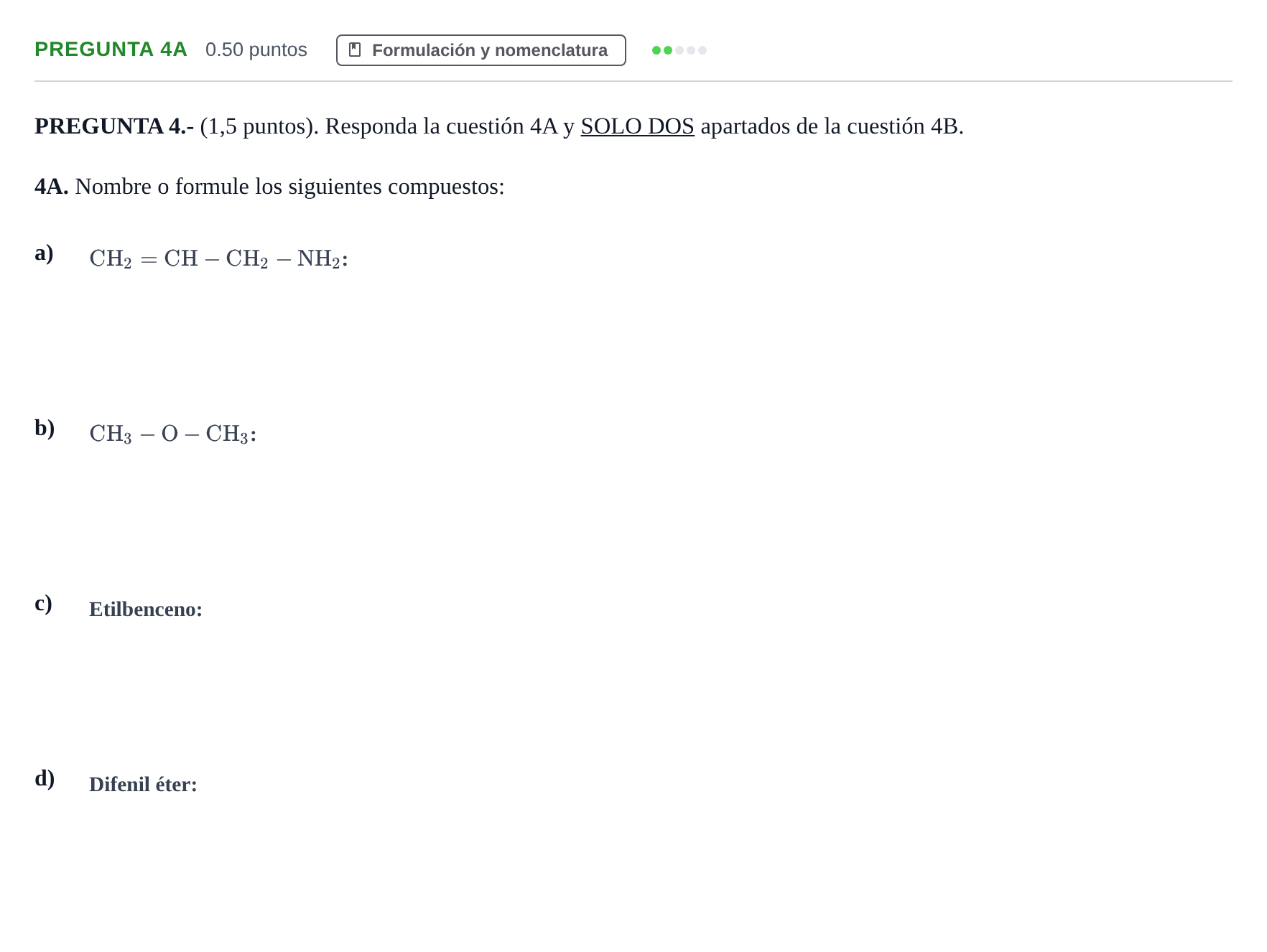Enunciado: Pregunta 4A · Química PAU Andalucía Ordinaria Suplente 2 2025