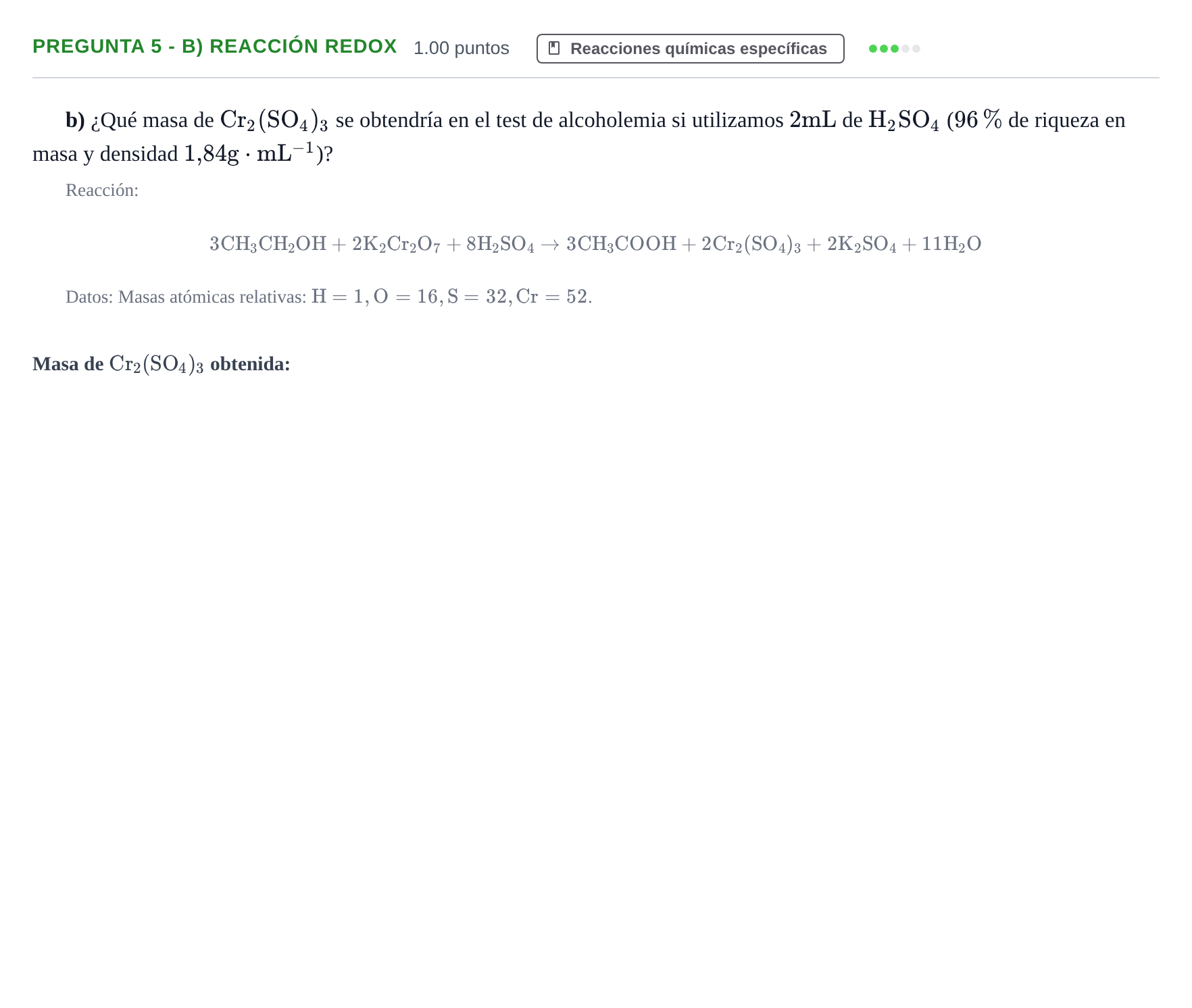 Enunciado: Pregunta 5 - b) Reacción redox · Química PAU Andalucía Ordinaria Suplente 2 2025
