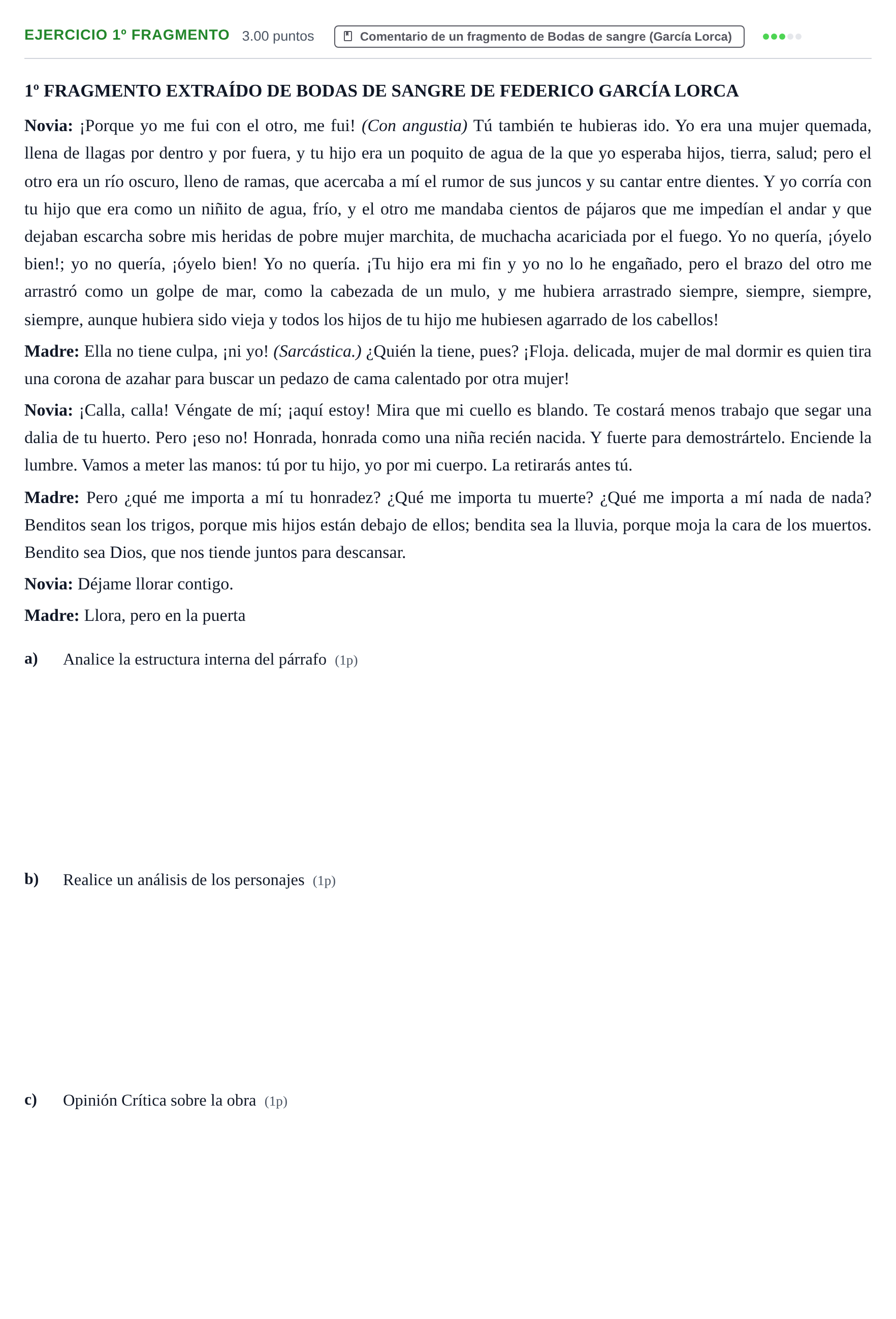 Enunciado: Ejercicio 1º Fragmento · Artes Escénicas PAU Castilla-La Mancha Extraordinaria 2022