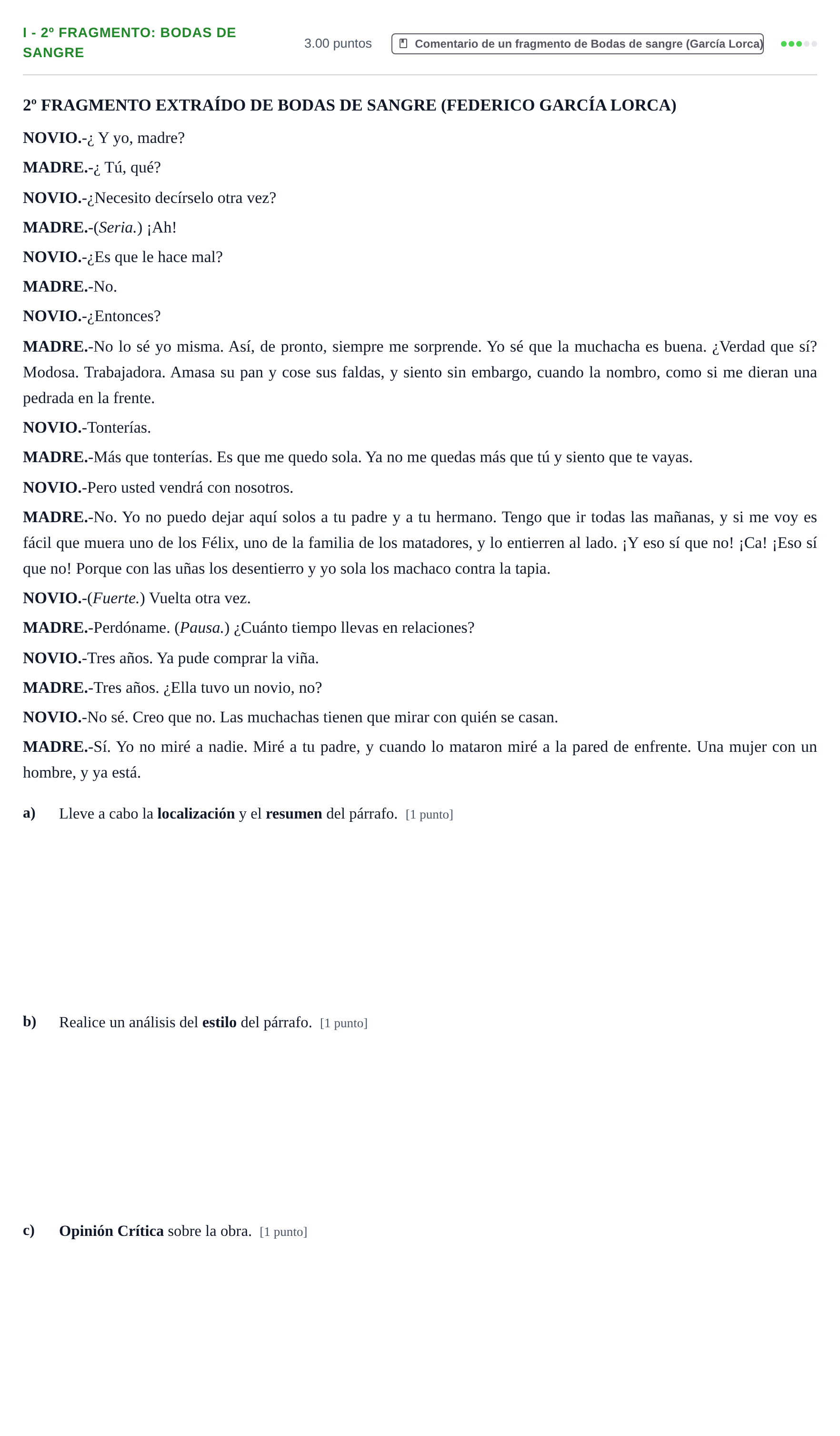 Enunciado: Ejercicio I - 2º Fragmento: Bodas de sangre · Artes Escénicas PAU Castilla-La Mancha Ordinaria 2022