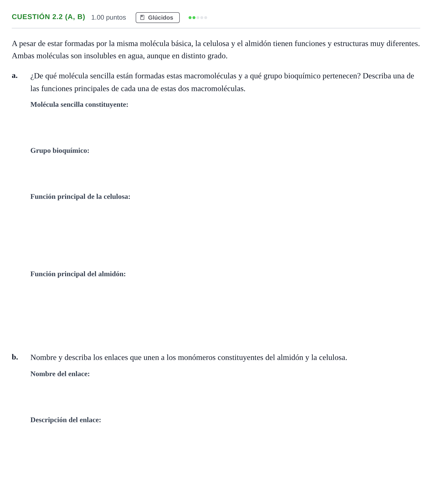 Enunciado: Cuestión 2.2 (a, b) - Glúcidos · Biología PAU Castilla-La Mancha Ordinaria 2022