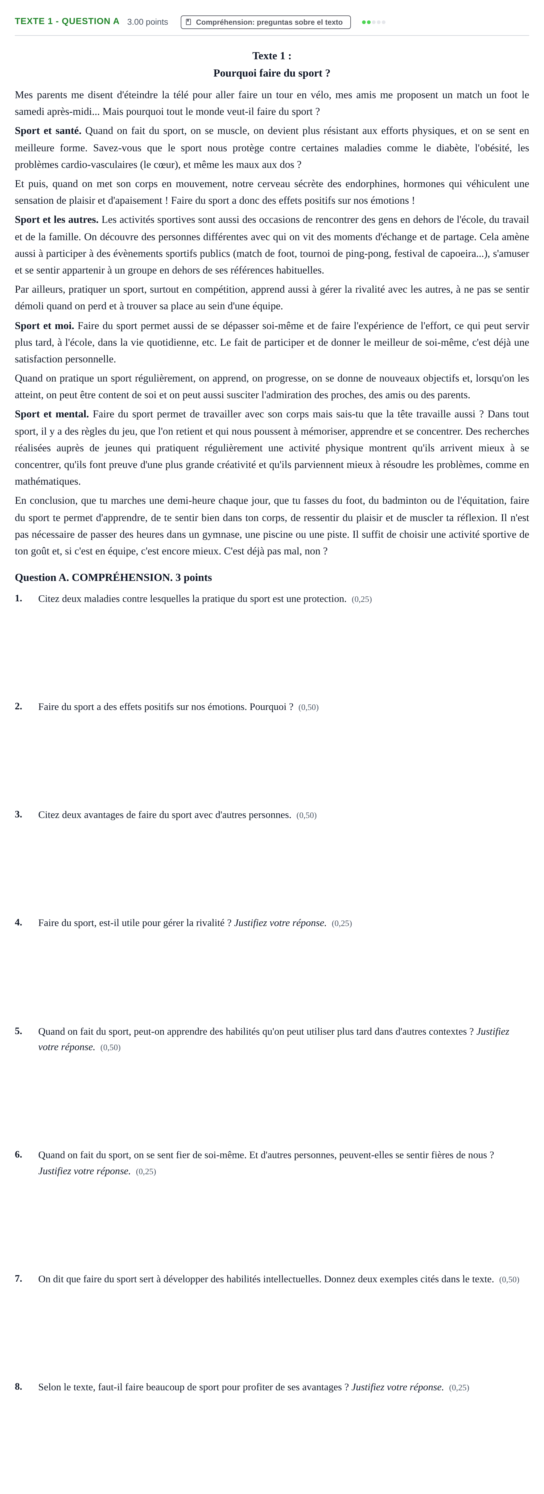 Enunciado: Ejercicio Texte 1 - Question A · Francés PAU Castilla-La Mancha Extraordinaria 2022