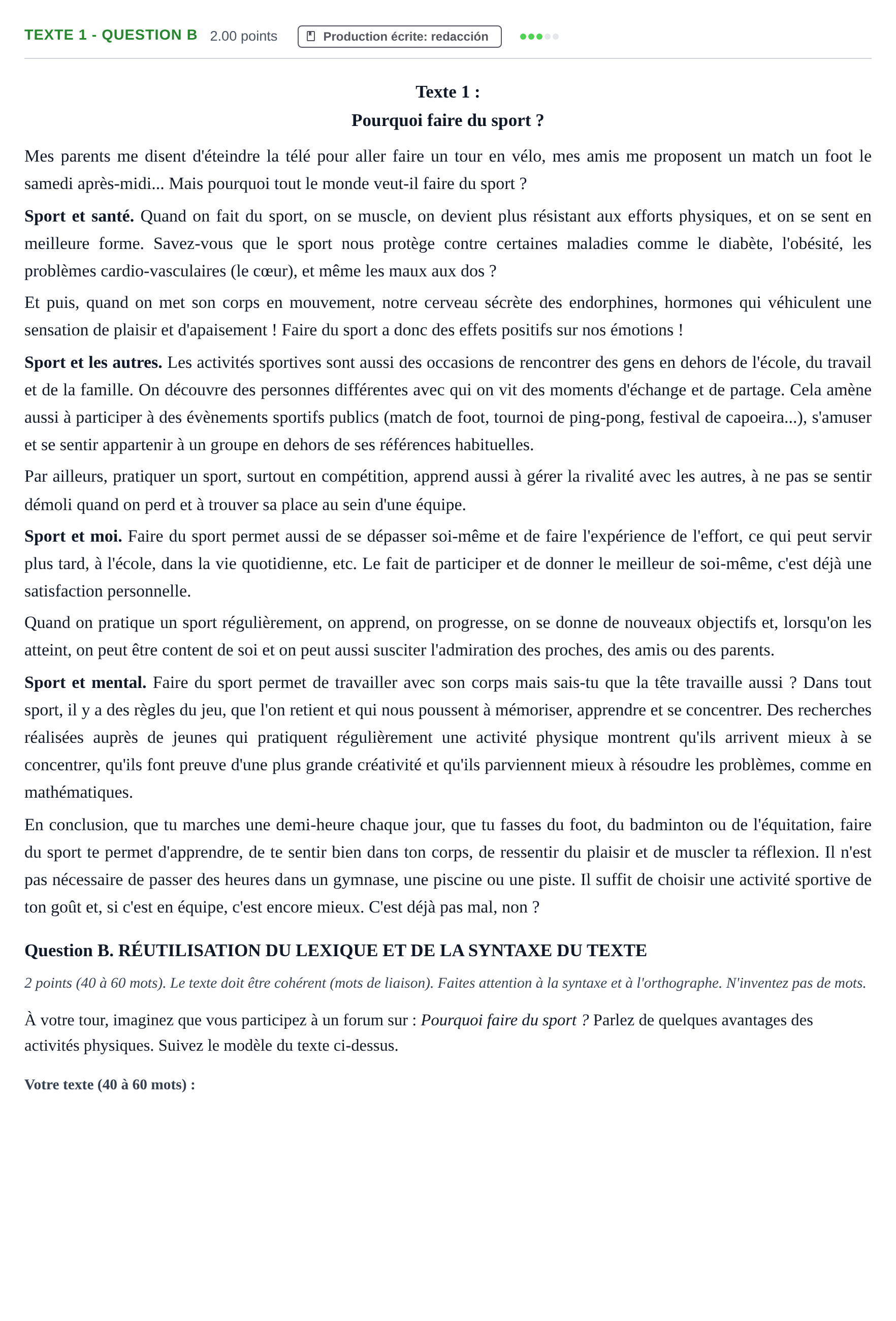 Enunciado: Ejercicio Texte 1 - Question B · Francés PAU Castilla-La Mancha Extraordinaria 2022