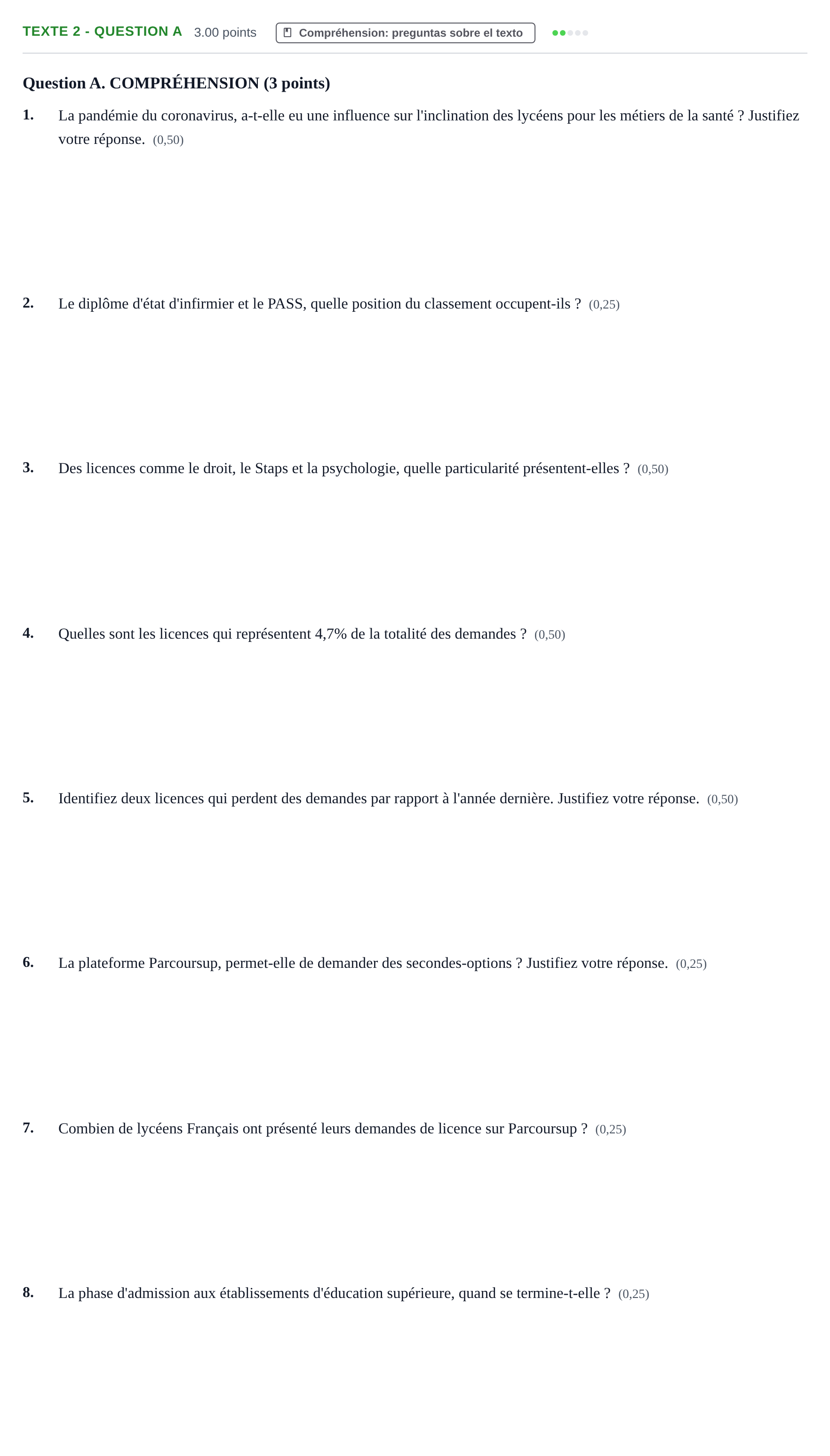 Enunciado: Ejercicio Texte 2 - Question A · Francés PAU Castilla-La Mancha Extraordinaria 2022
