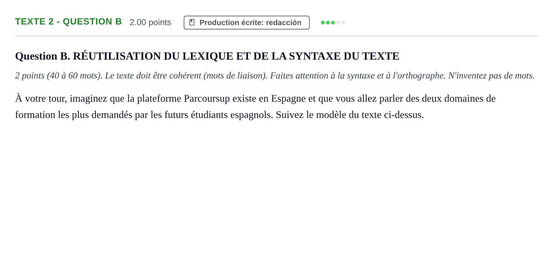 Enunciado: Ejercicio Texte 2 - Question B · Francés PAU Castilla-La Mancha Extraordinaria 2022