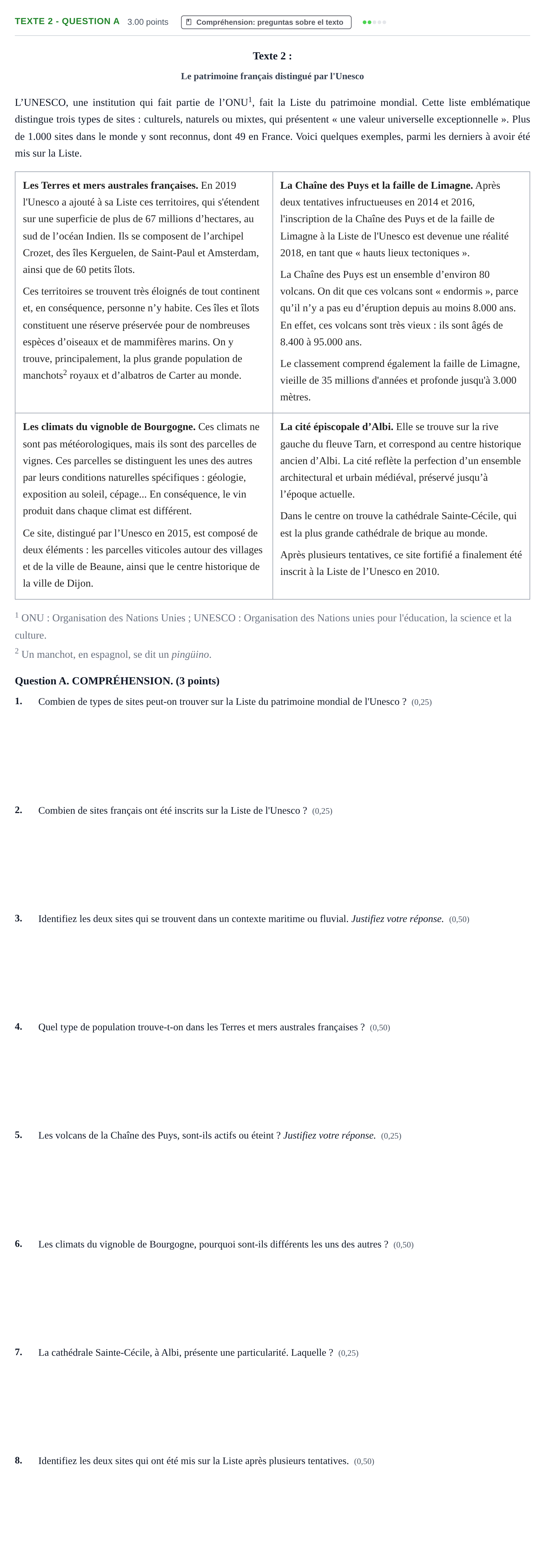 Enunciado: Ejercicio Texte 2 - Question A · Francés PAU Castilla-La Mancha Ordinaria 2022