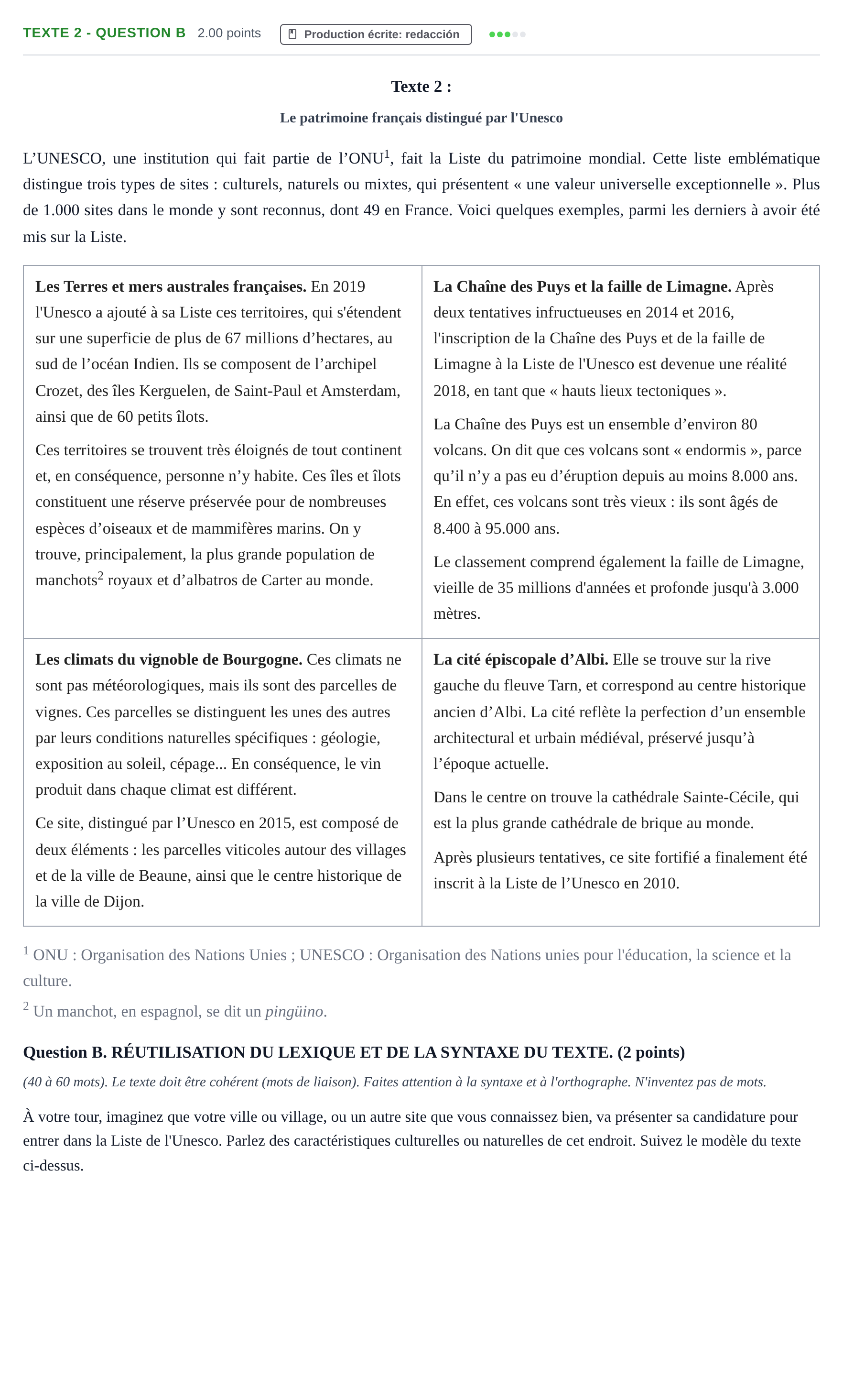 Enunciado: Ejercicio Texte 2 - Question B · Francés PAU Castilla-La Mancha Ordinaria 2022