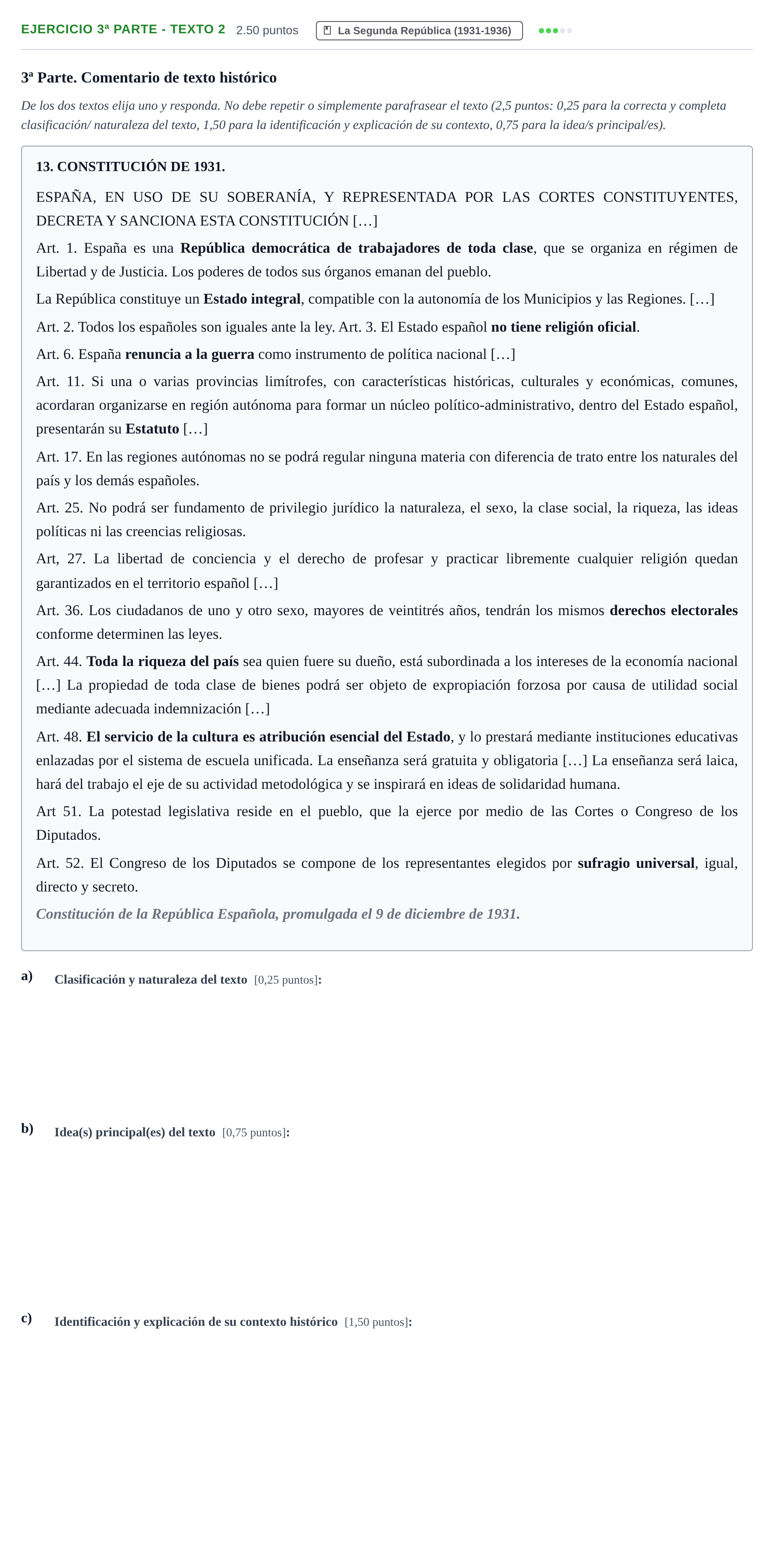 Enunciado: Ejercicio 3ª Parte - Texto 2 · Historia de España PAU Castilla-La Mancha Extraordinaria 2022
