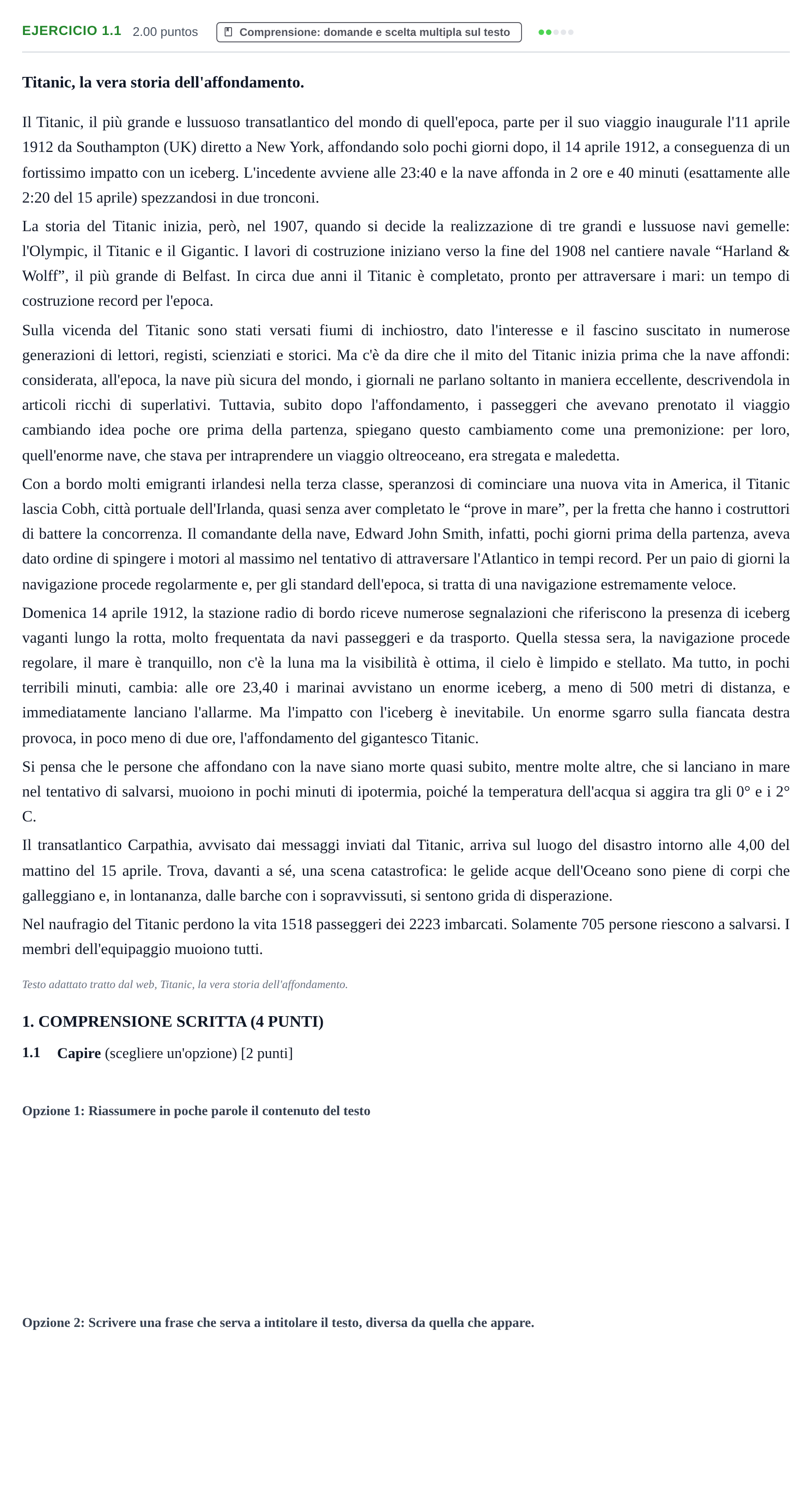 Enunciado: Ejercicio 1.1 · Italiano PAU Castilla-La Mancha Extraordinaria 2022