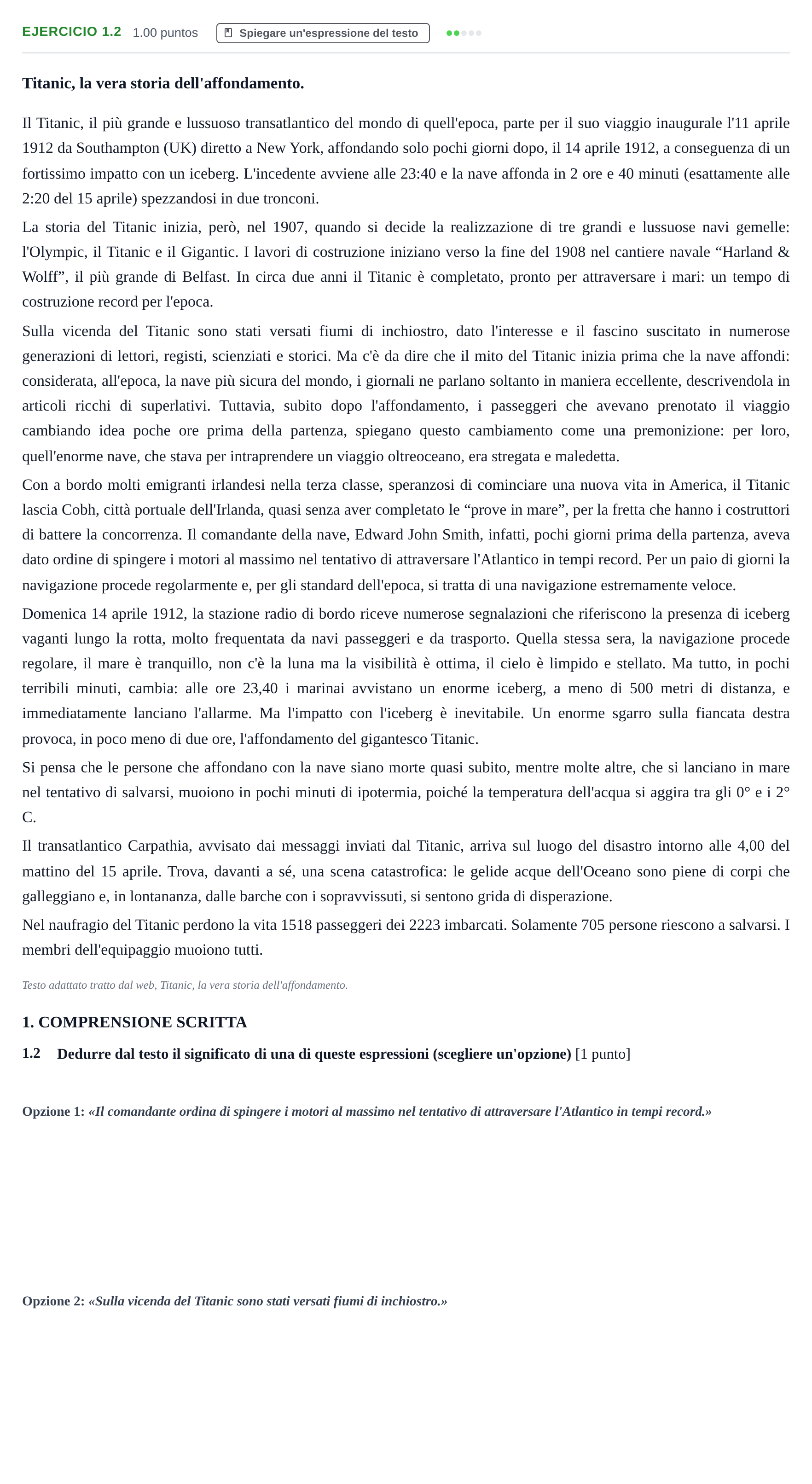 Enunciado: Ejercicio 1.2 · Italiano PAU Castilla-La Mancha Extraordinaria 2022
