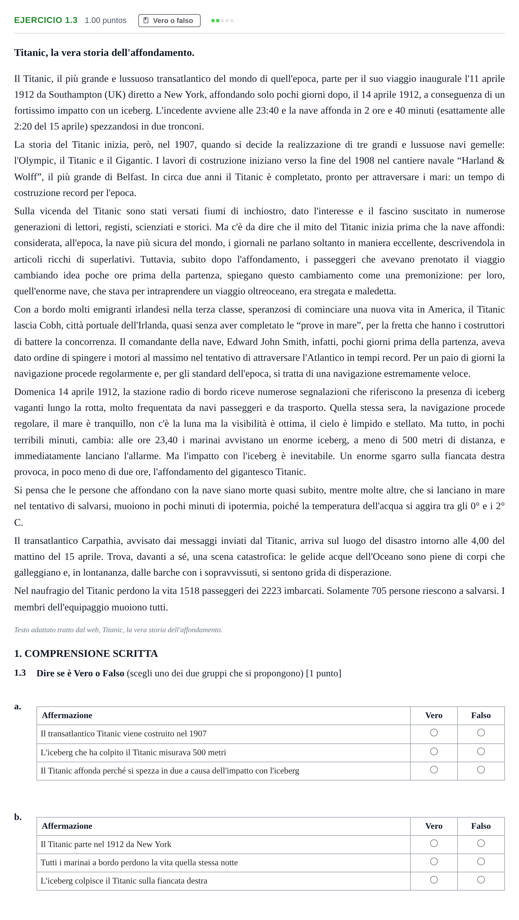 Enunciado: Ejercicio 1.3 · Italiano PAU Castilla-La Mancha Extraordinaria 2022