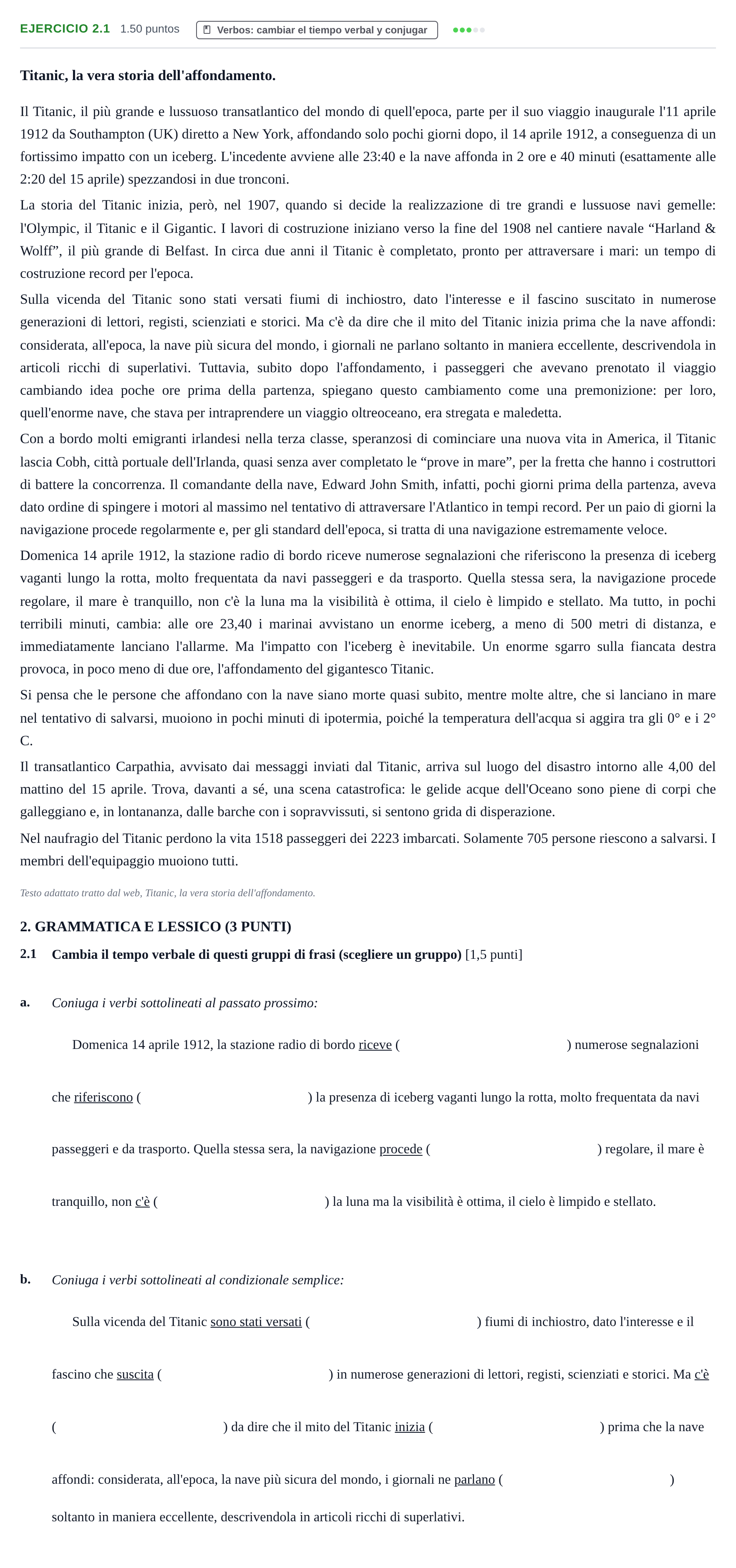 Enunciado: Ejercicio 2.1 · Italiano PAU Castilla-La Mancha Extraordinaria 2022