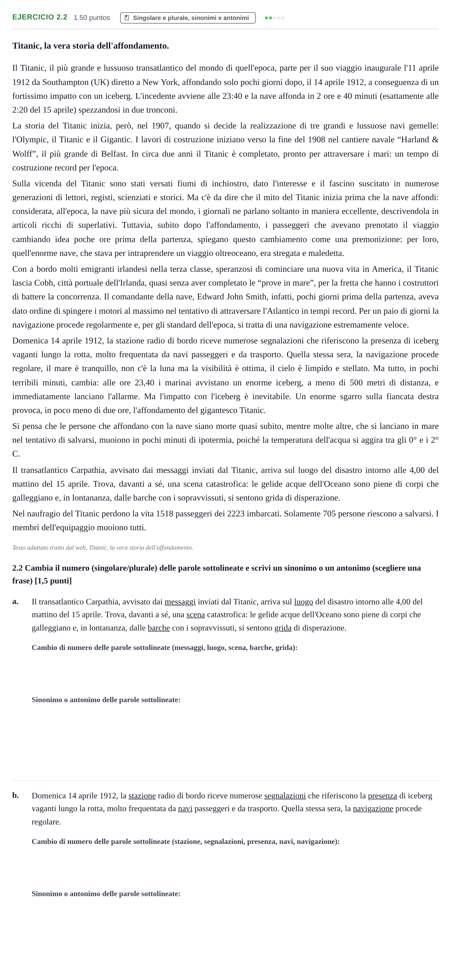 Enunciado: Ejercicio 2.2 · Italiano PAU Castilla-La Mancha Extraordinaria 2022