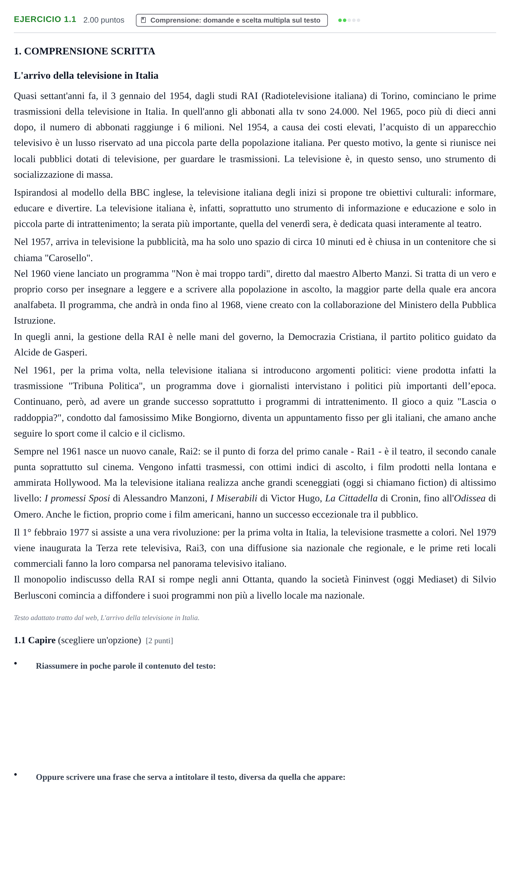 Enunciado: Ejercicio 1.1 · Italiano PAU Castilla-La Mancha Ordinaria 2022