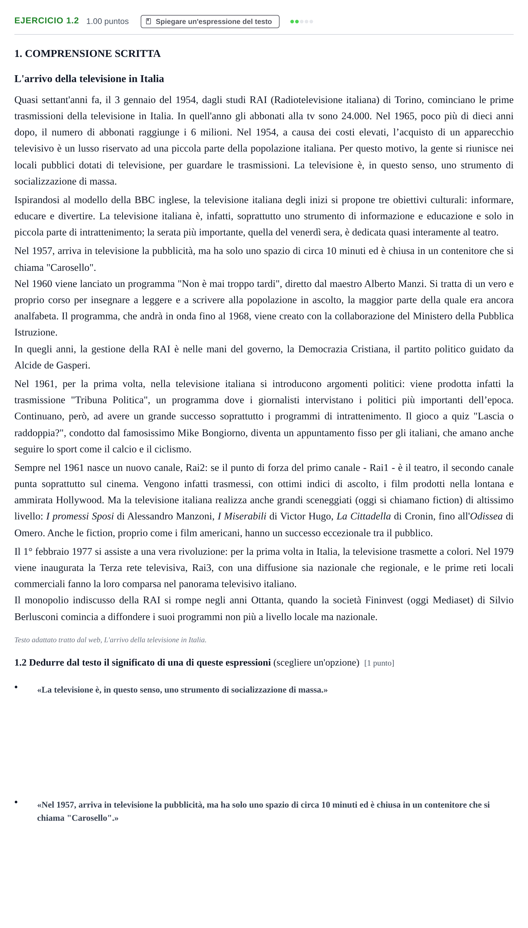 Enunciado: Ejercicio 1.2 · Italiano PAU Castilla-La Mancha Ordinaria 2022