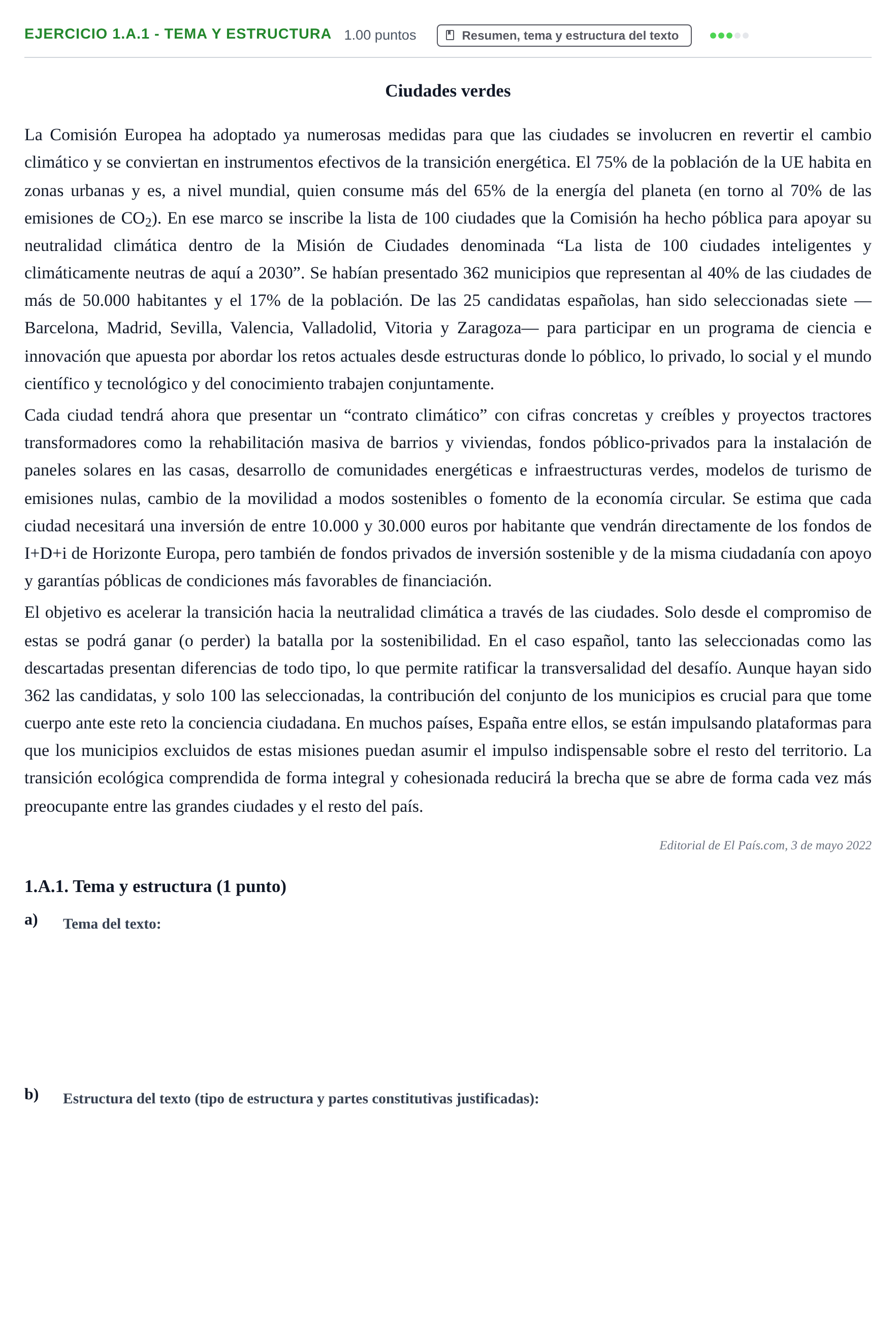 Enunciado: Ejercicio 1.A.1 - Tema y estructura · Lengua Castellana y Literatura II PAU Castilla-La Mancha Extraordinaria 2022