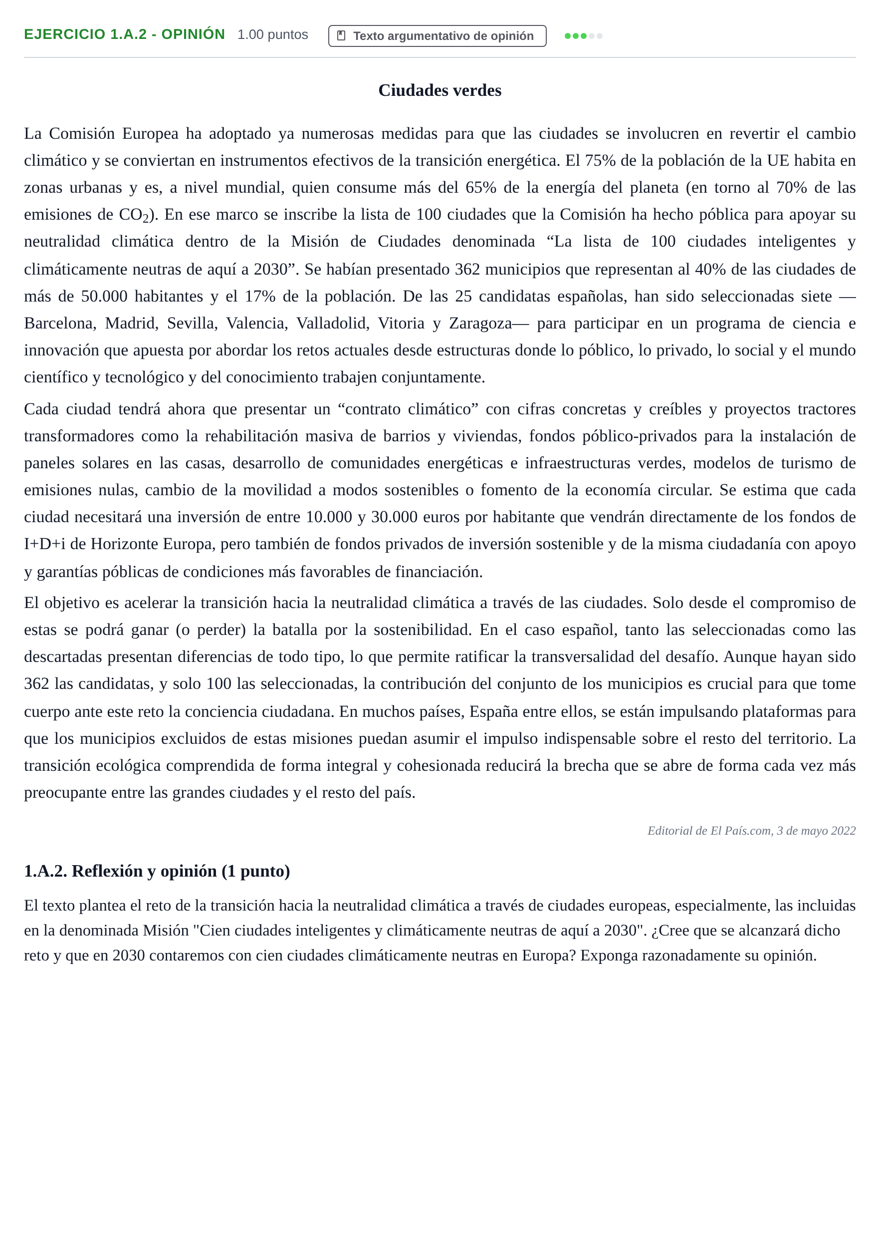 Enunciado: Ejercicio 1.A.2 - Opinión · Lengua Castellana y Literatura II PAU Castilla-La Mancha Extraordinaria 2022