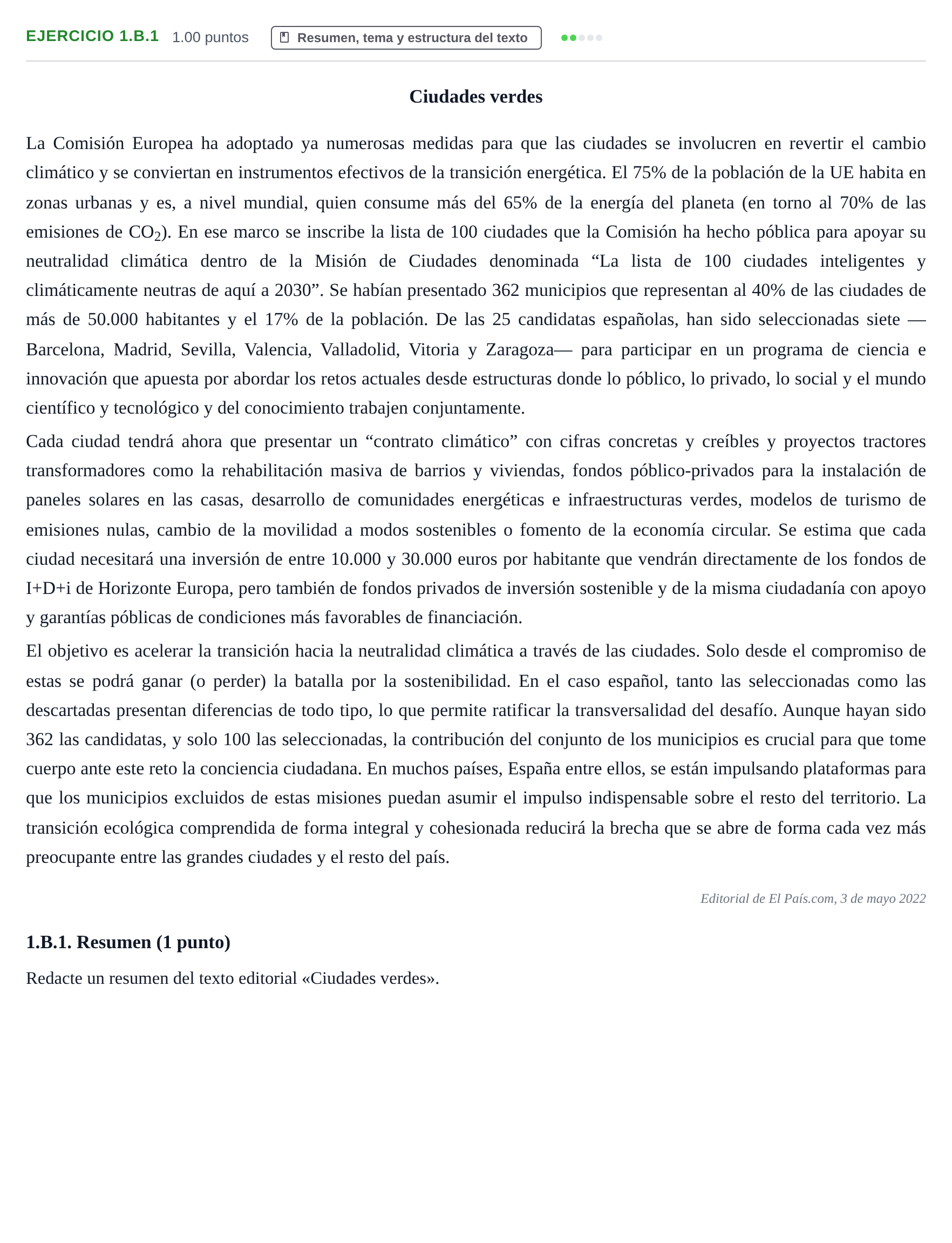 Enunciado: Ejercicio 1.B.1 - Resumen · Lengua Castellana y Literatura II PAU Castilla-La Mancha Extraordinaria 2022