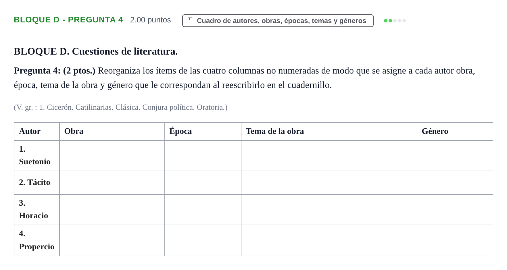Enunciado: Bloque D - Pregunta 4 · Latín II PAU Castilla-La Mancha Ordinaria 2022