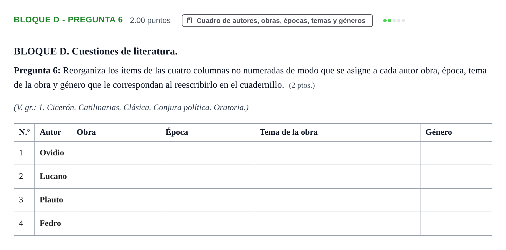 Enunciado: Bloque D - Pregunta 6 · Latín II PAU Castilla-La Mancha Ordinaria 2022