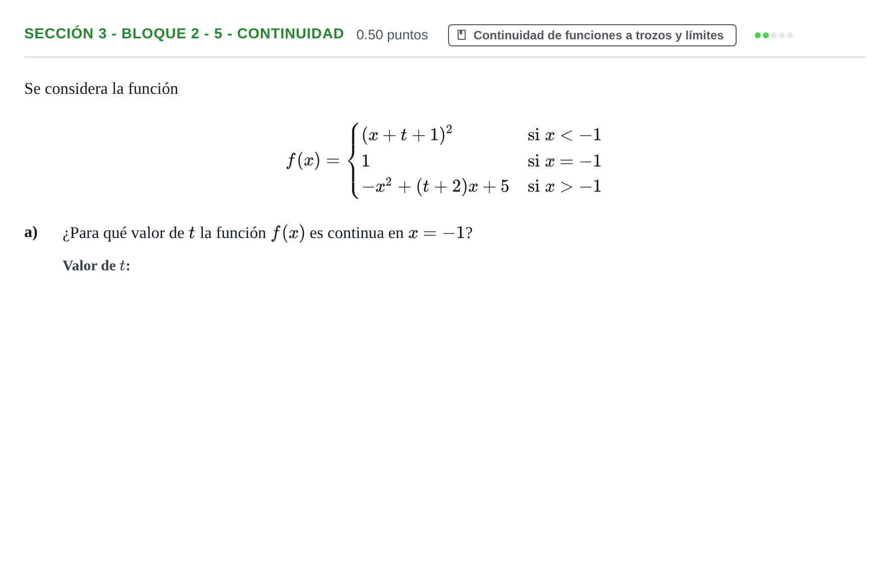 Enunciado: Ejercicio Sección 3 - Bloque 2 - 5 - Continuidad · Matemáticas aplicadas a las Ciencias Sociales II PAU Castilla-La Mancha Ordinaria 2022