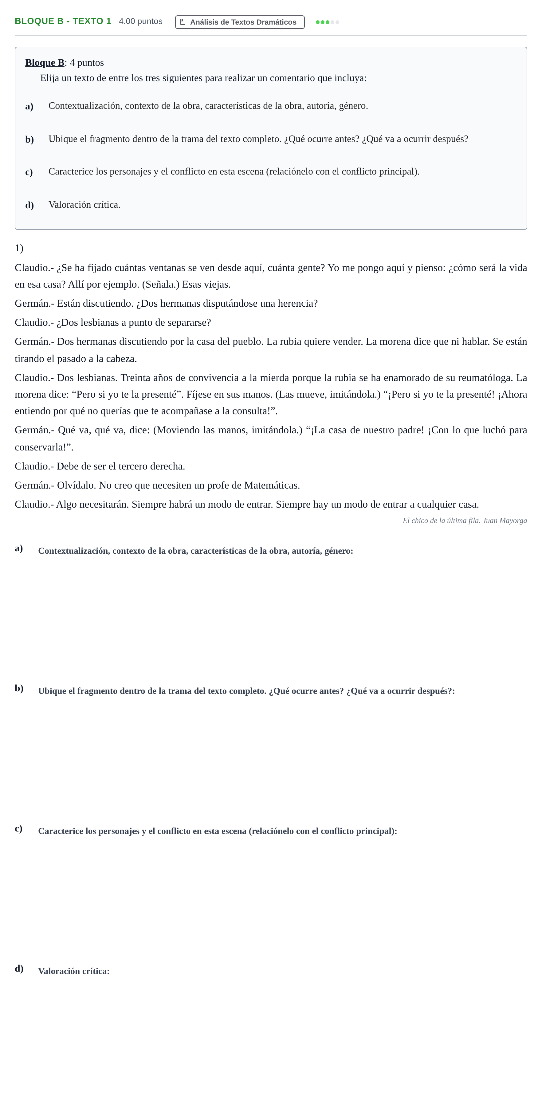 Enunciado: Bloque B - Texto 1 · Artes Escénicas PAU Andalucía Extraordinaria Reserva 2024