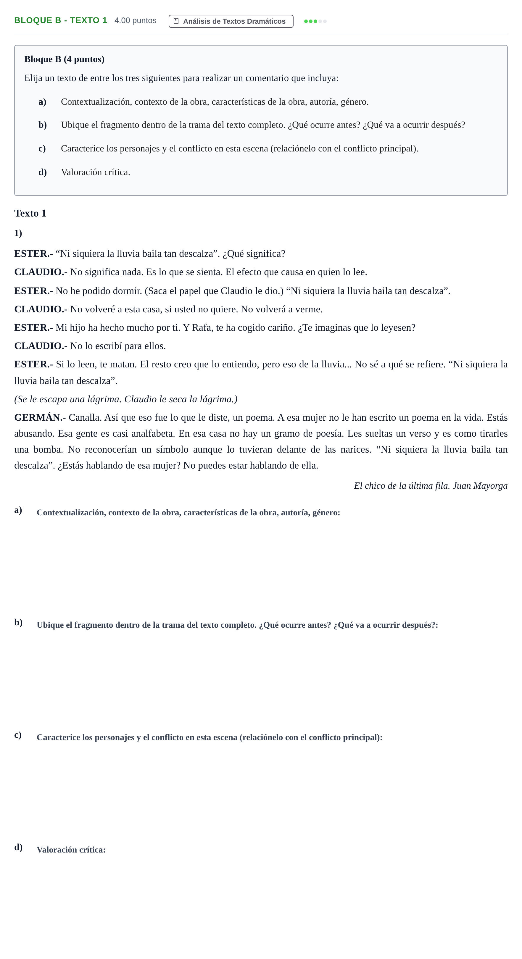 Enunciado: Bloque B - Texto 1 · Artes Escénicas PAU Andalucía Extraordinaria Suplente 2024